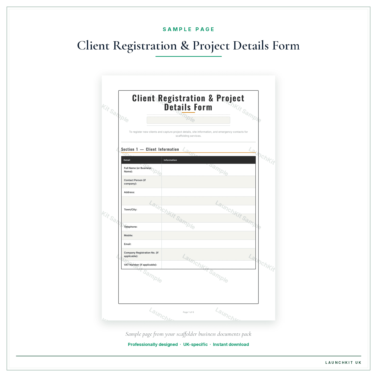 Client Registration & Project Details Form sample page from the Scaffolder Business Documents — Essential pack — watermarked LaunchKit Sample
