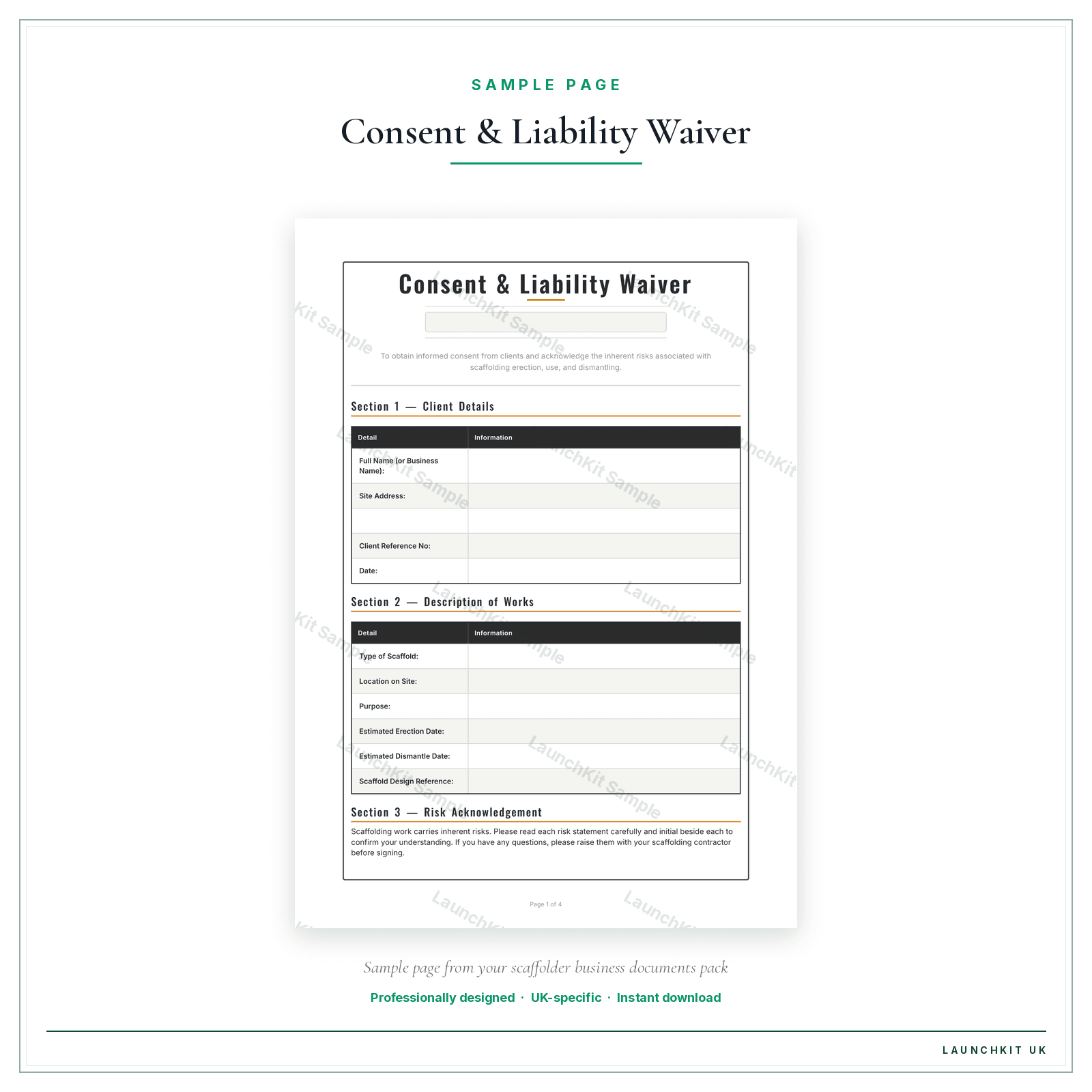 Consent & Liability Waiver sample page from the Scaffolder Business Documents — Essential pack — watermarked LaunchKit Sample