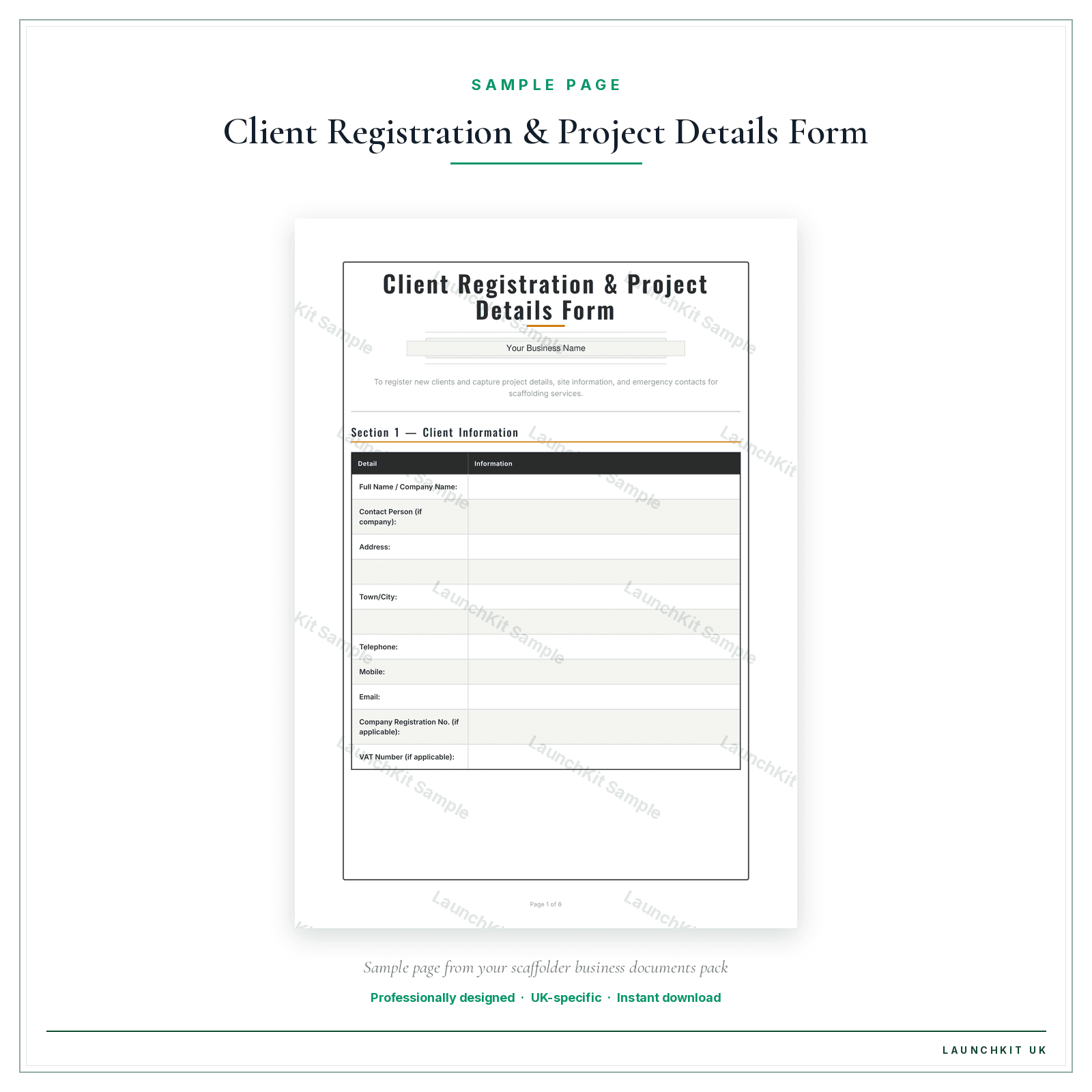 Client Registration & Project Details Form sample page from the Scaffolder Business Documents — Standard pack — watermarked LaunchKit Sample
