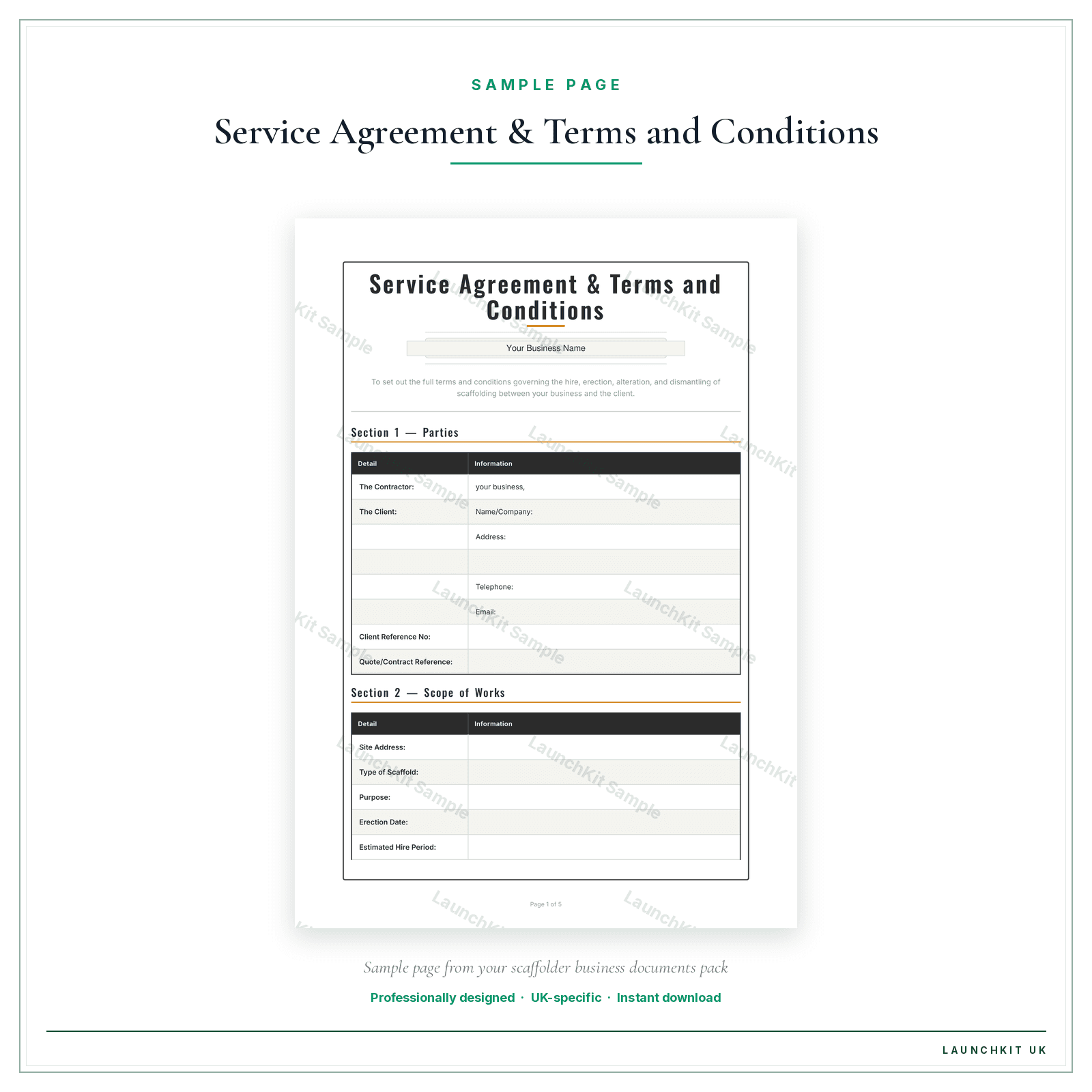 Service Agreement & Terms and Conditions sample page from the Scaffolder Business Documents — Standard pack — watermarked LaunchKit Sample