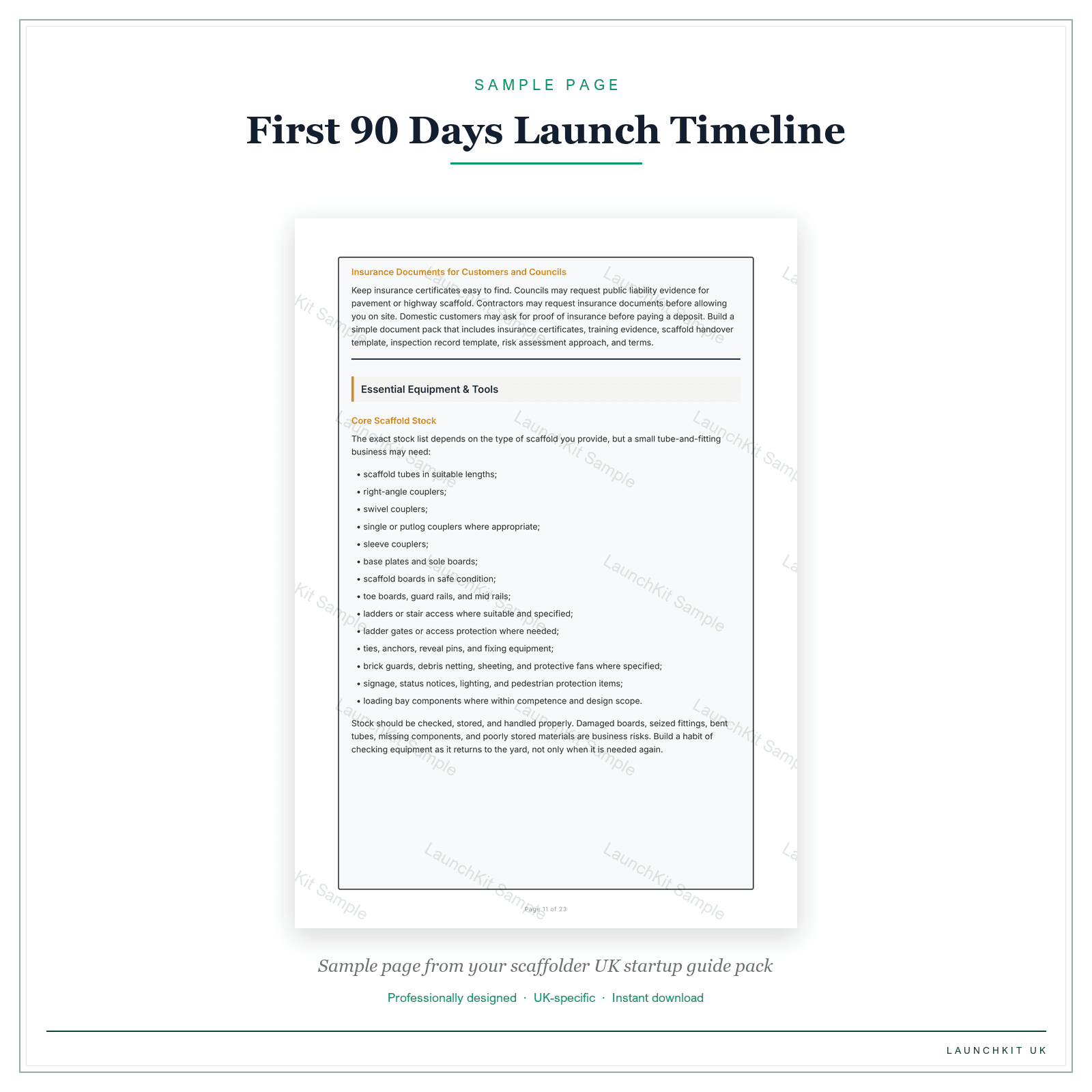 First 90 Days Launch Timeline sample page from the Scaffolder Startup Guide pack — watermarked LaunchKit Sample