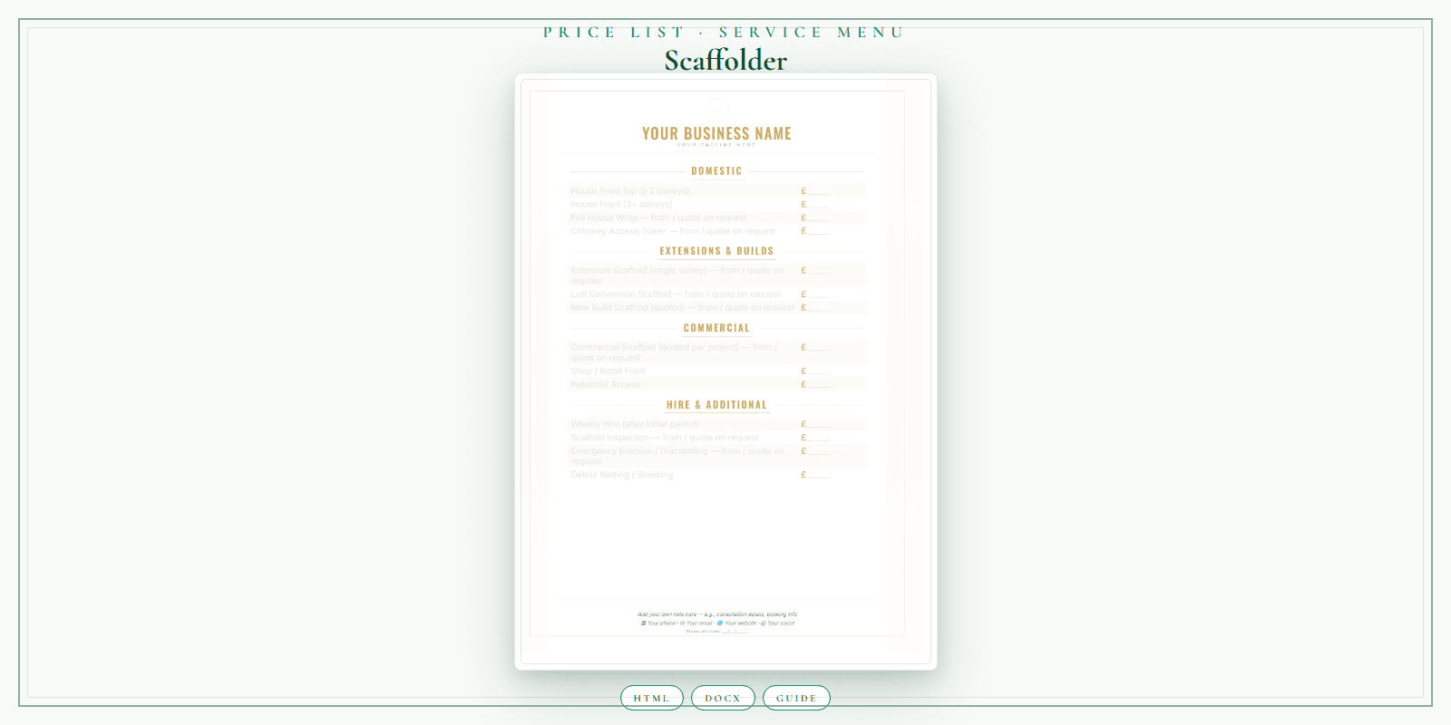 Scaffolder — Price List & Service Menu, PDF product overview