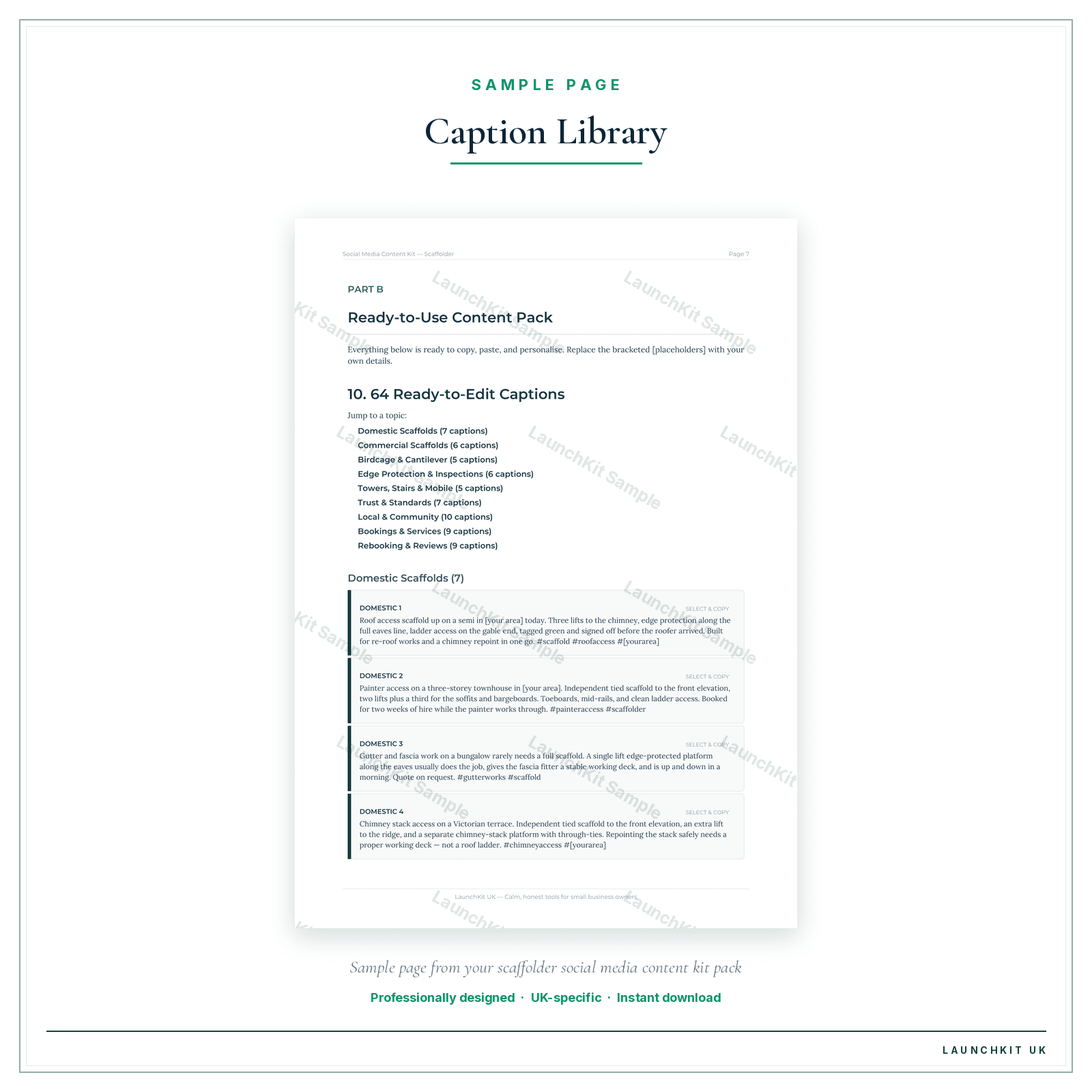 Caption Library sample page from the Scaffolder Social Media Content Kit pack — watermarked LaunchKit Sample