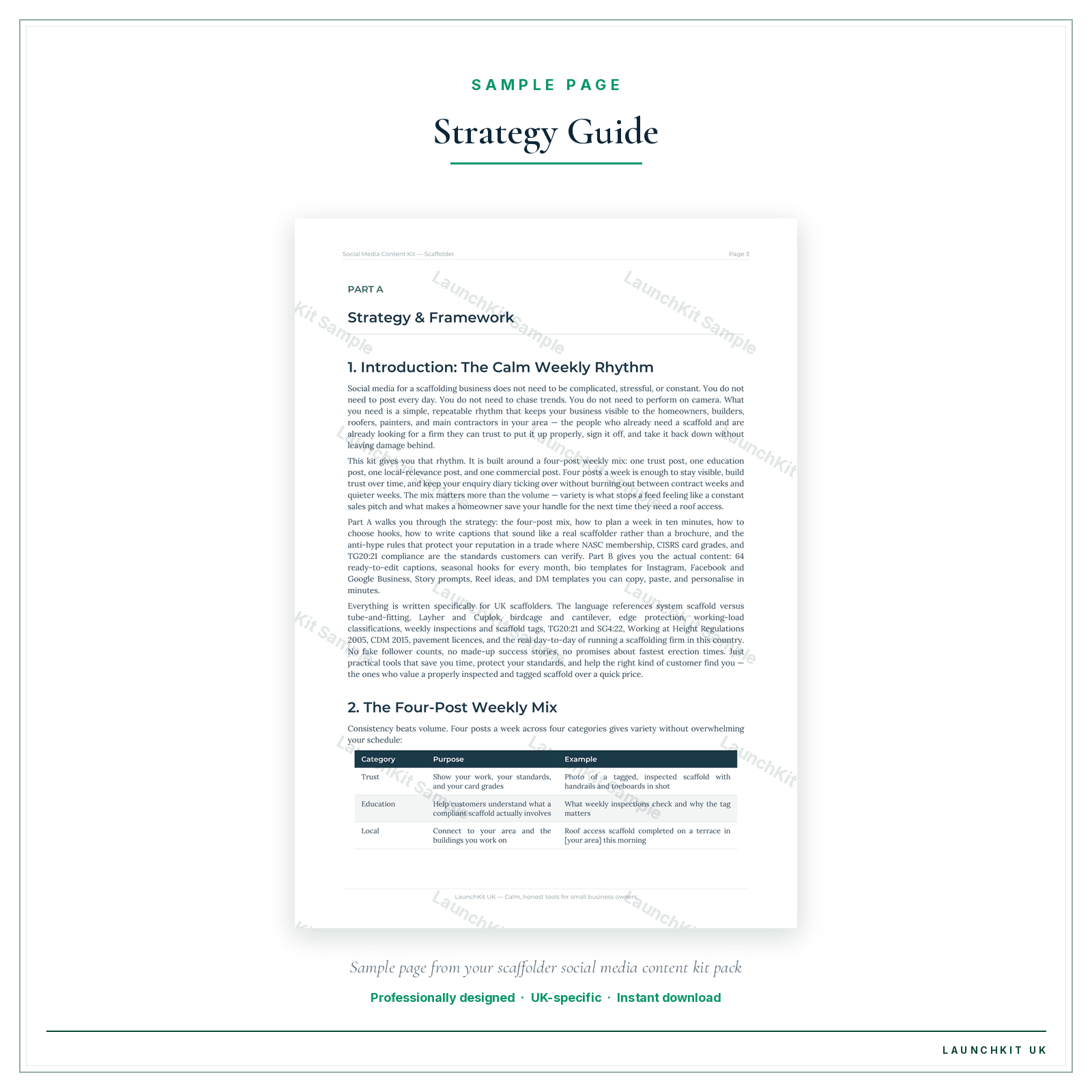 Strategy Guide sample page from the Scaffolder Social Media Content Kit pack — watermarked LaunchKit Sample