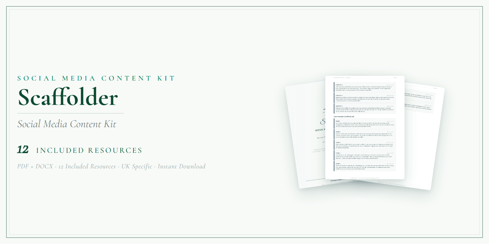 Scaffolder — Social Media Content Kit, PDF and editable DOCX product overview