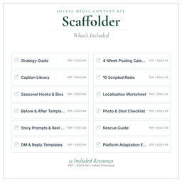 Scaffolder — Social Media Content Kit, PDF and editable DOCX what's included preview