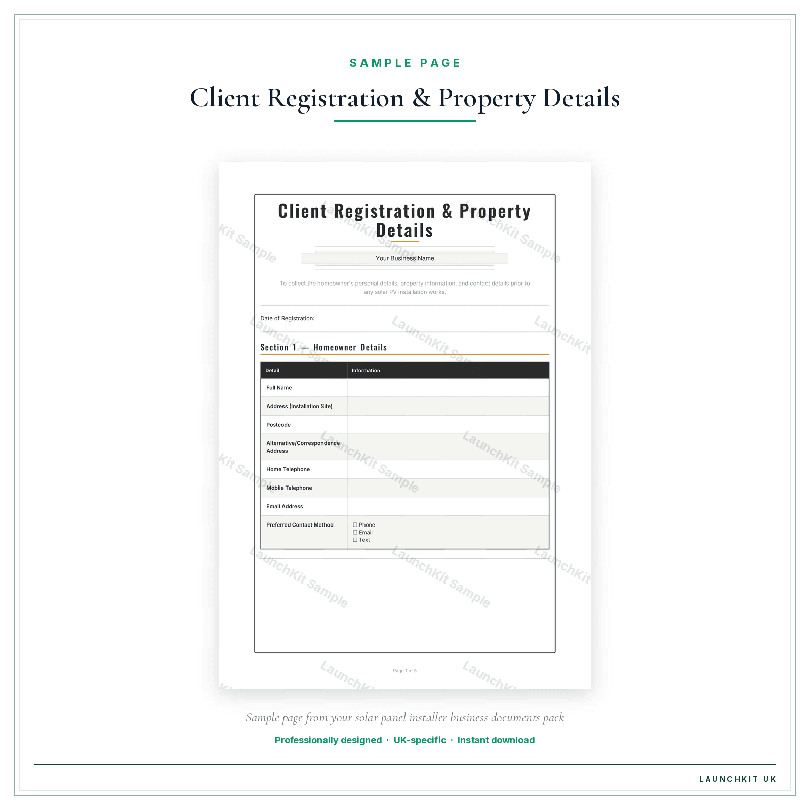 Client Registration & Property Details sample page from the Solar Panel Installer Business Documents — Premium pack — watermarked LaunchKit Sample