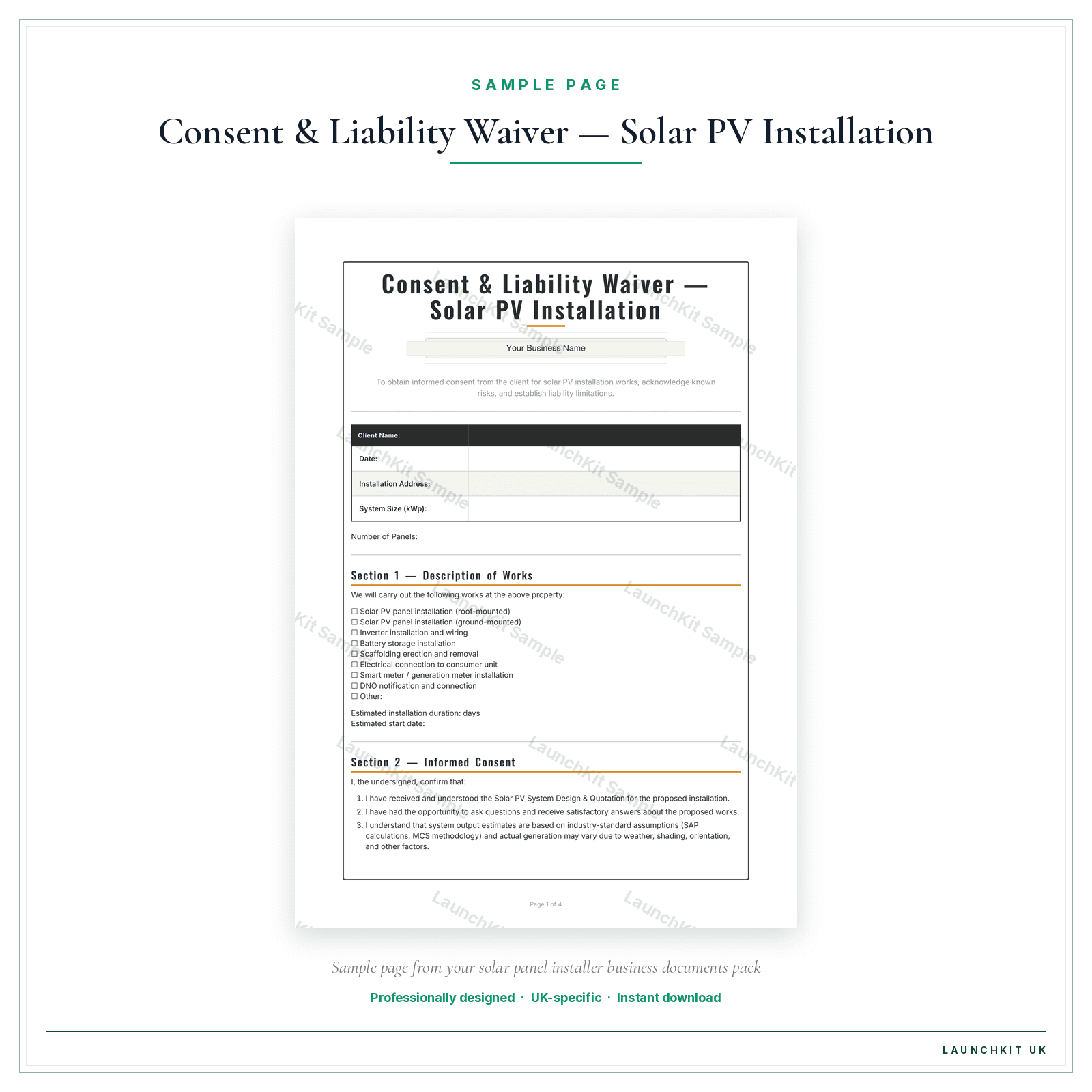 Consent & Liability Waiver — Solar PV Installation sample page from the Solar Panel Installer Business Documents — Premium pack — watermarked LaunchKit Sample