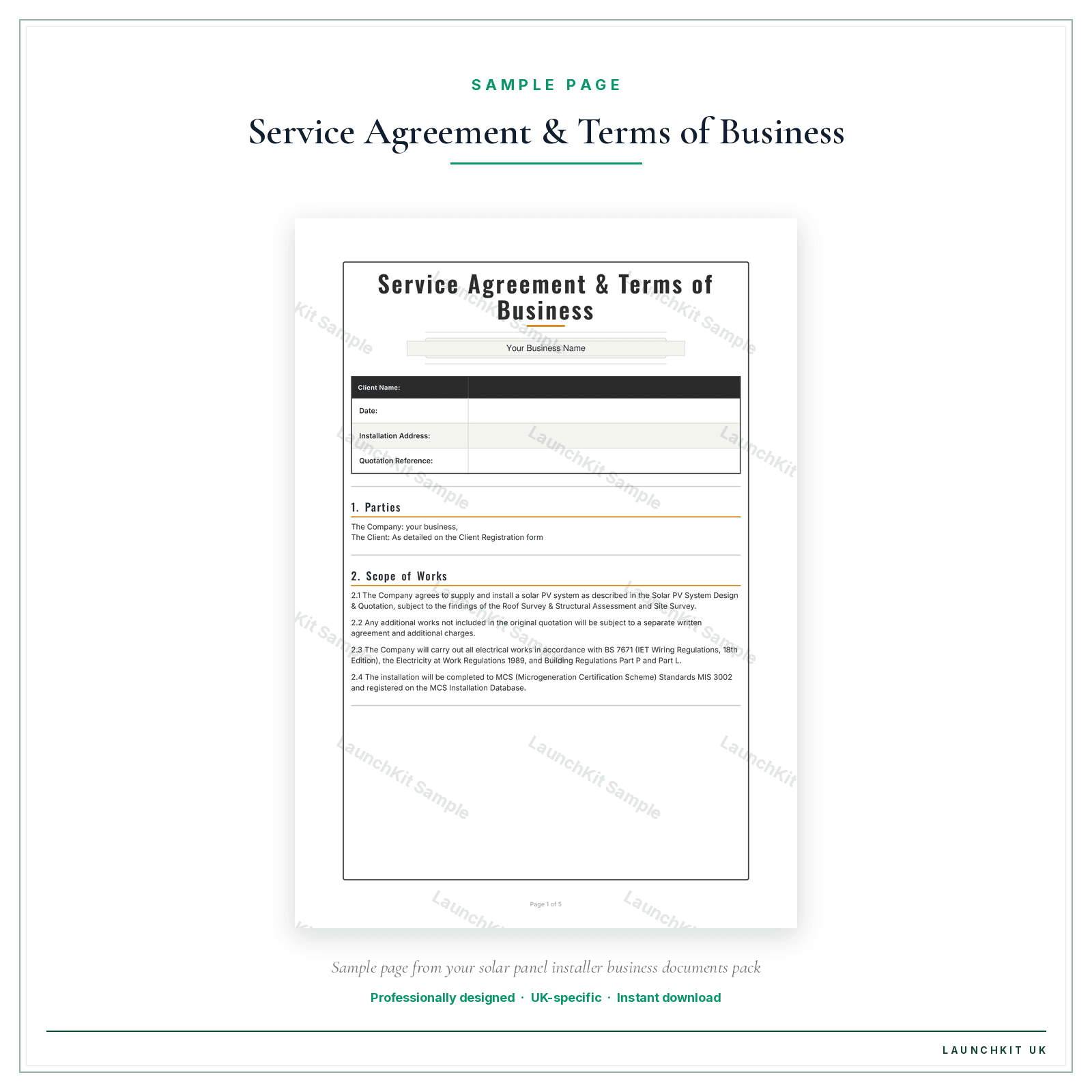 Service Agreement & Terms of Business sample page from the Solar Panel Installer Business Documents — Premium pack — watermarked LaunchKit Sample