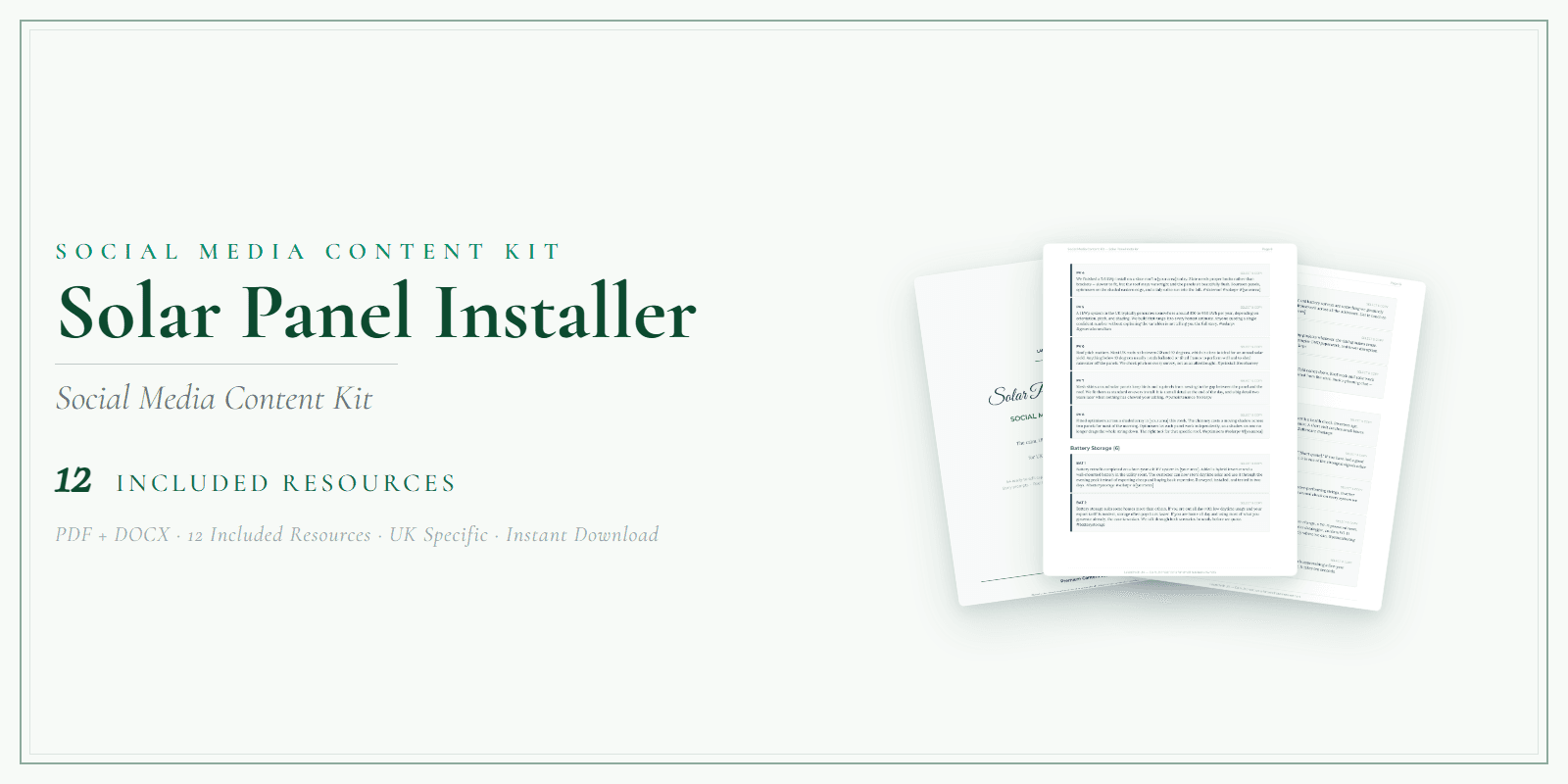 Solar Panel Installer — Social Media Content Kit, PDF and editable DOCX product overview