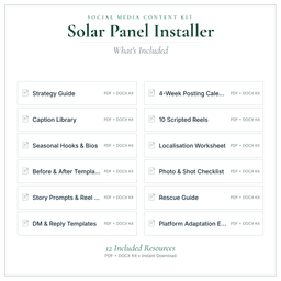 Solar Panel Installer — Social Media Content Kit, PDF and editable DOCX what's included preview