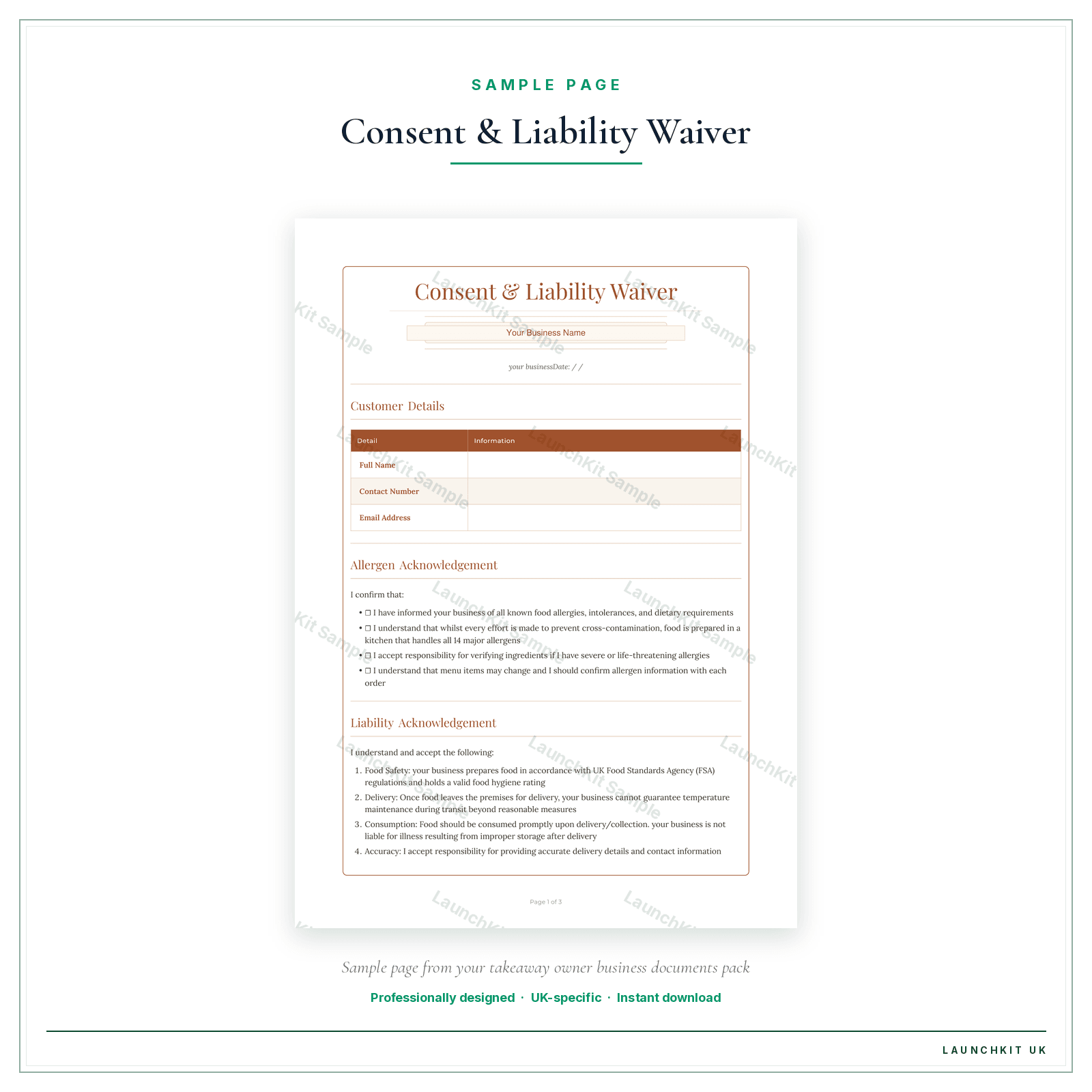 Consent & Liability Waiver sample page from the Takeaway Owner Business Documents — Premium pack — watermarked LaunchKit Sample