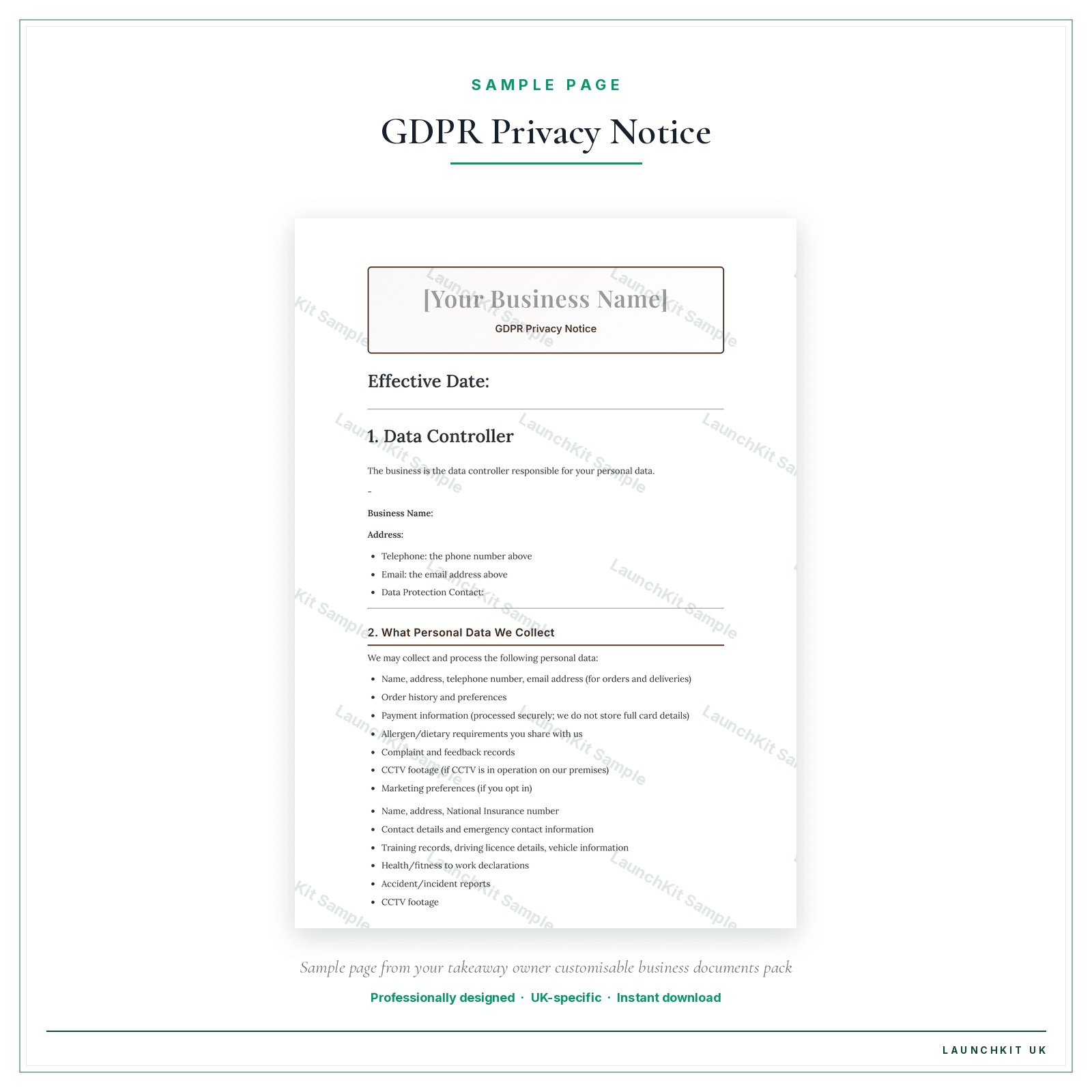 GDPR Privacy Notice sample page from the Takeaway Owner Business Documents — Customisable pack — watermarked LaunchKit Sample