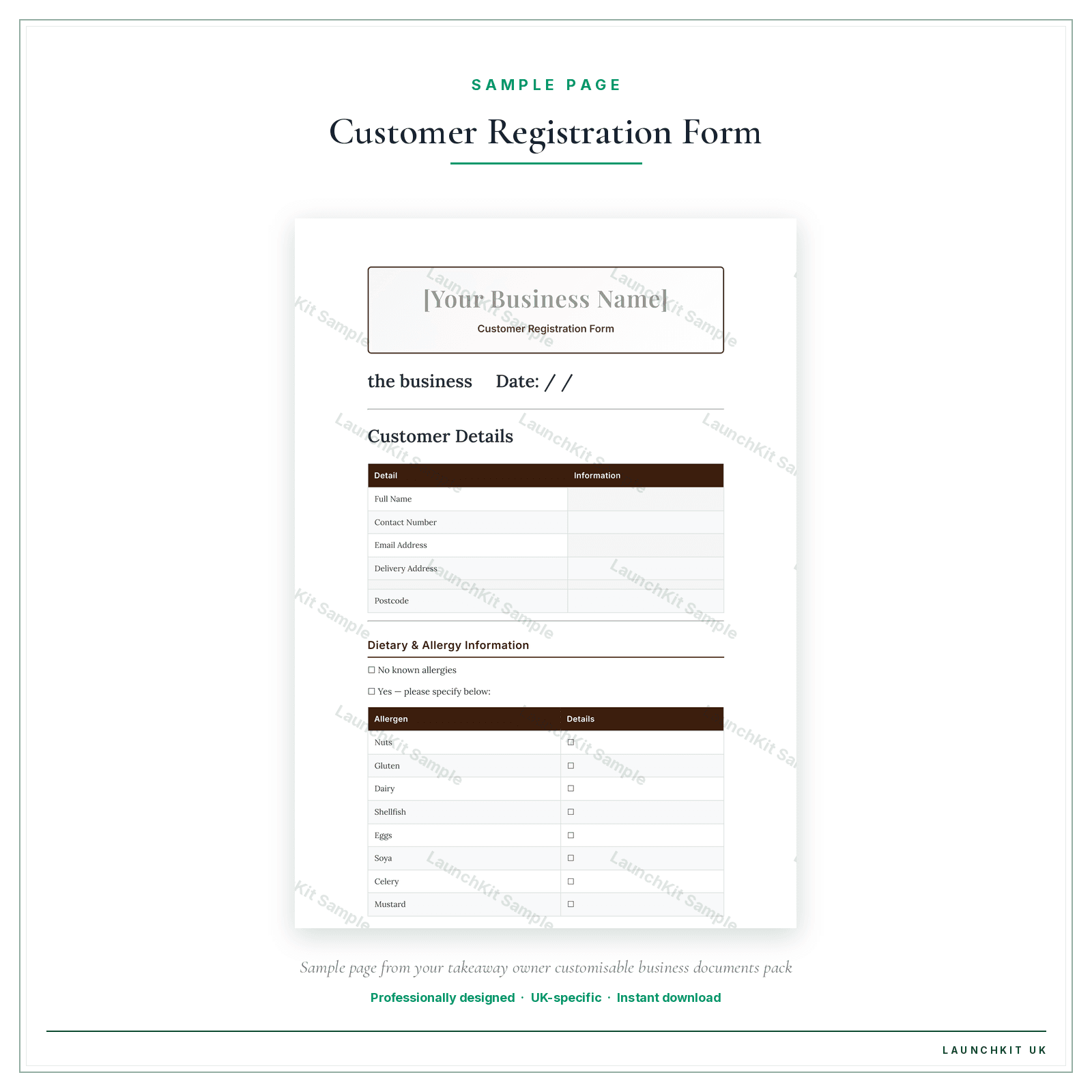 Customer Registration Form sample page from the Takeaway Owner Business Documents — Customisable pack — watermarked LaunchKit Sample