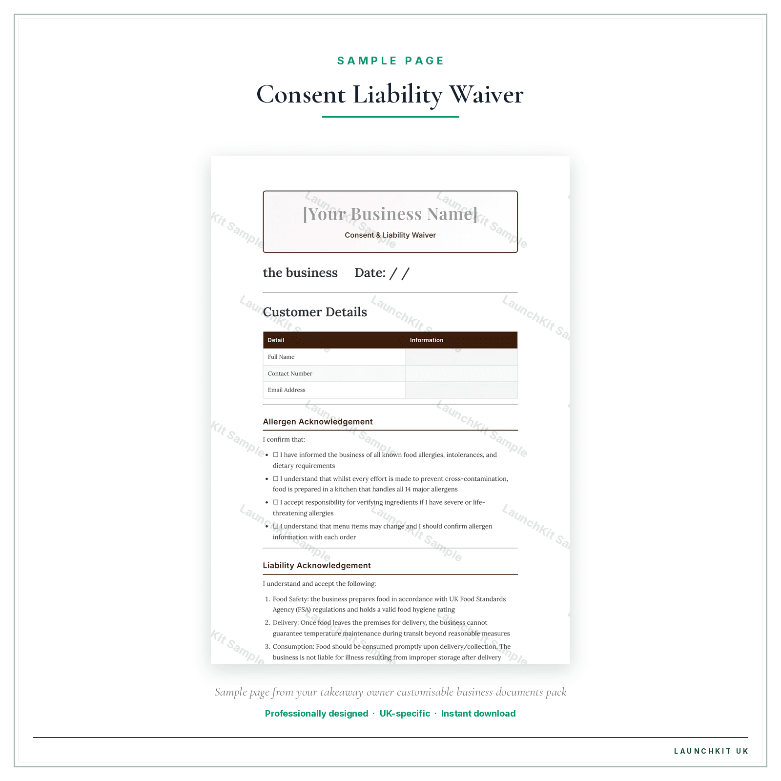 Consent & Liability Waiver sample page from the Takeaway Owner Business Documents — Customisable pack — watermarked LaunchKit Sample