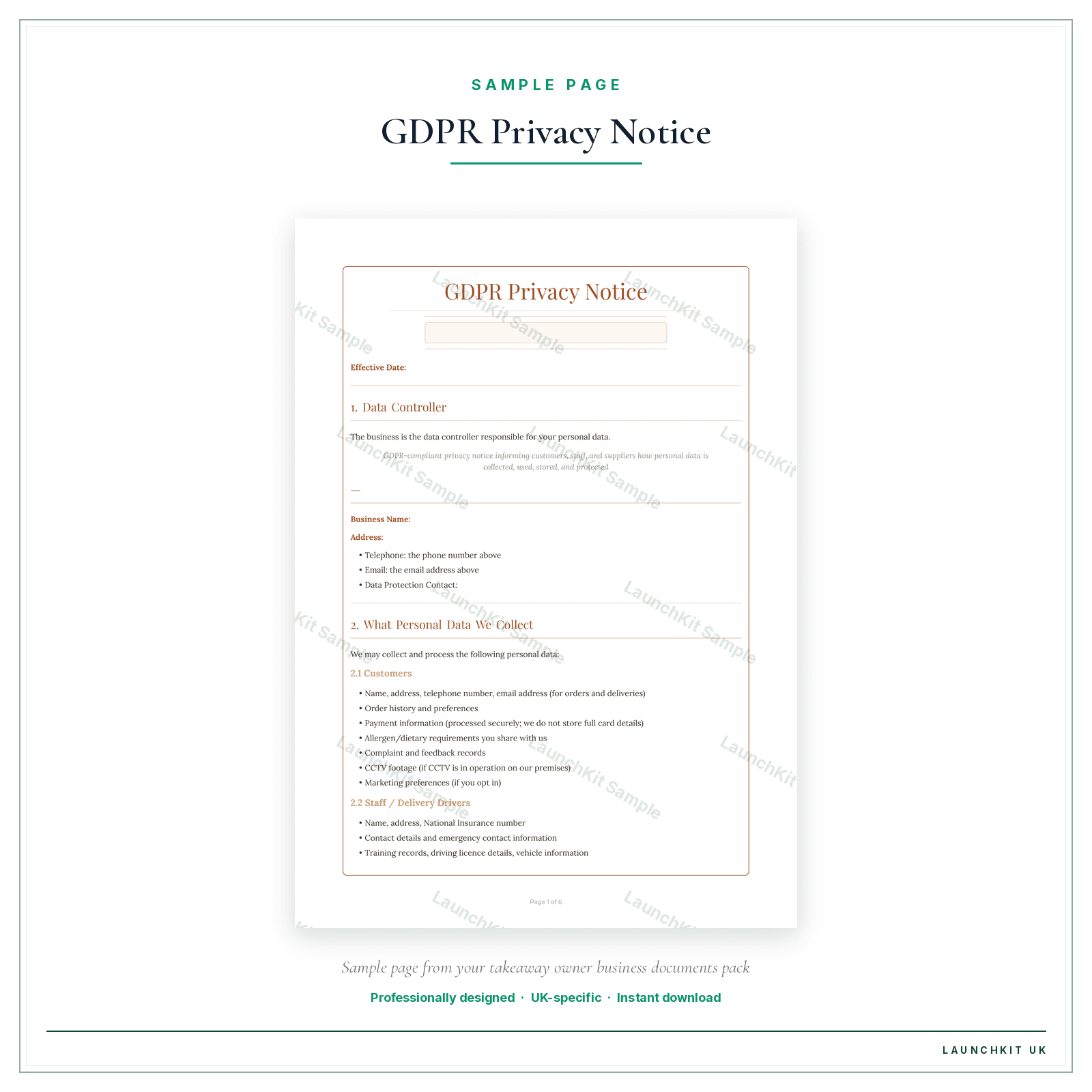 GDPR Privacy Notice sample page from the Takeaway Owner Business Documents — Essential pack — watermarked LaunchKit Sample