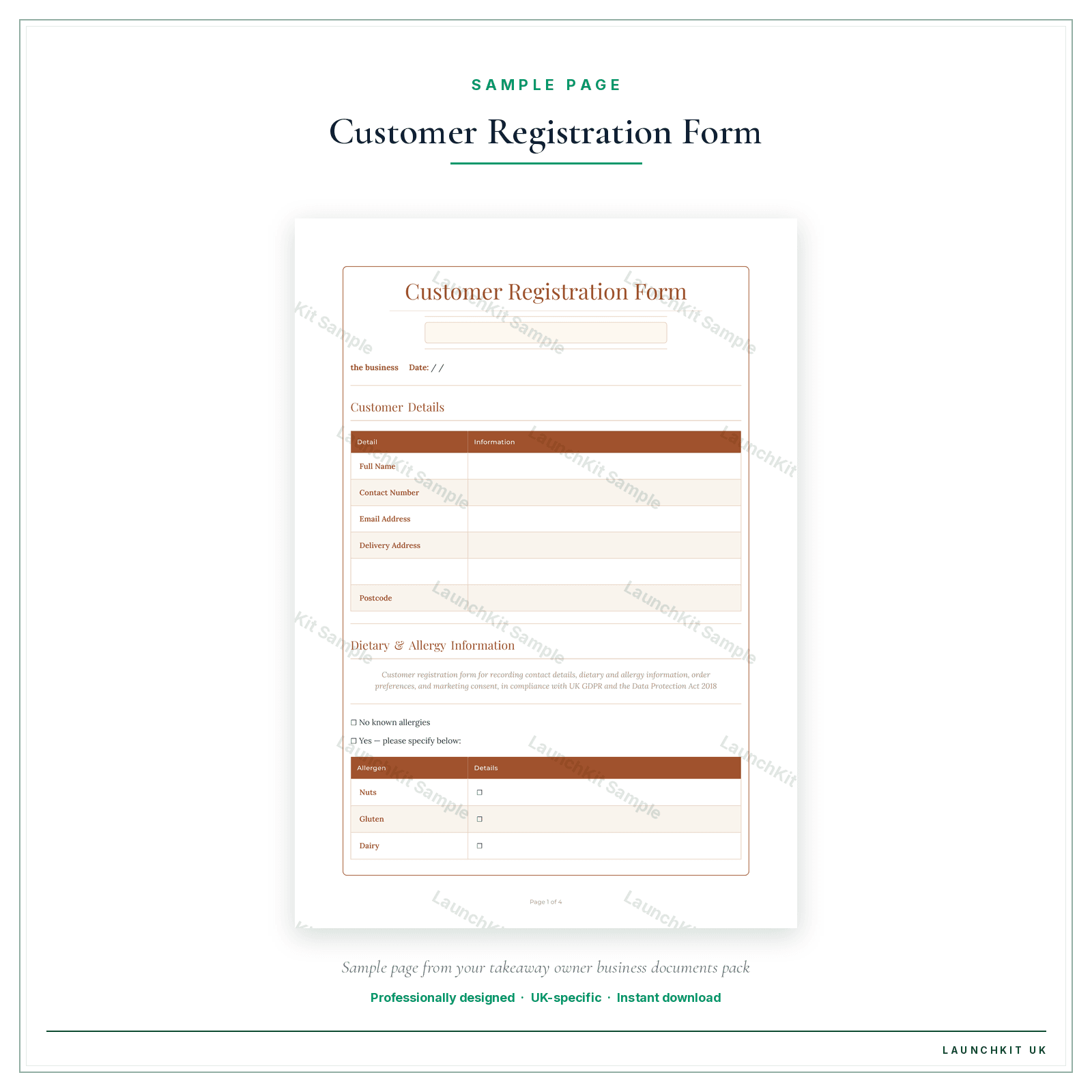 Customer Registration Form sample page from the Takeaway Owner Business Documents — Essential pack — watermarked LaunchKit Sample
