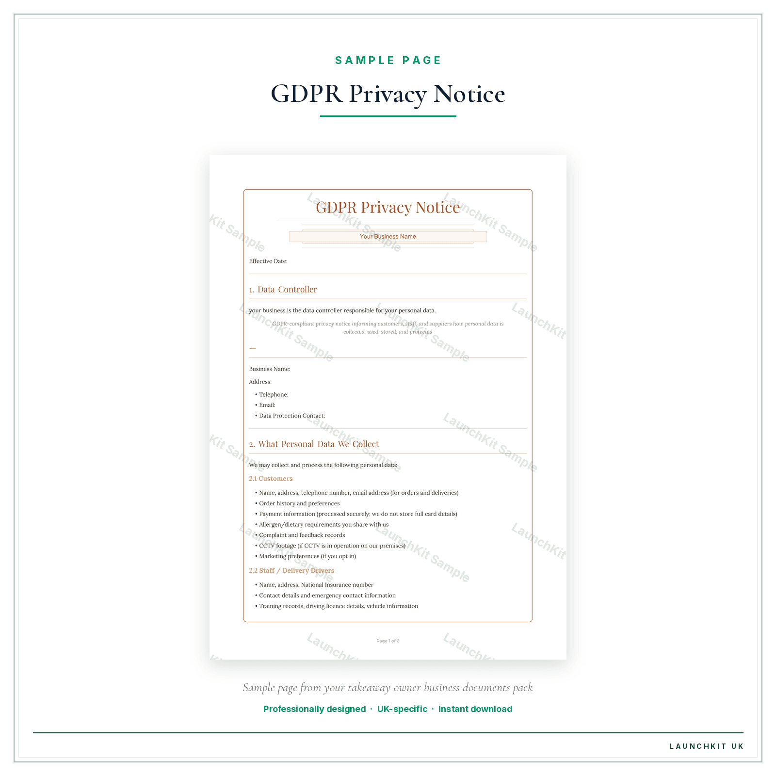 GDPR Privacy Notice sample page from the Takeaway Owner Business Documents — Standard pack — watermarked LaunchKit Sample