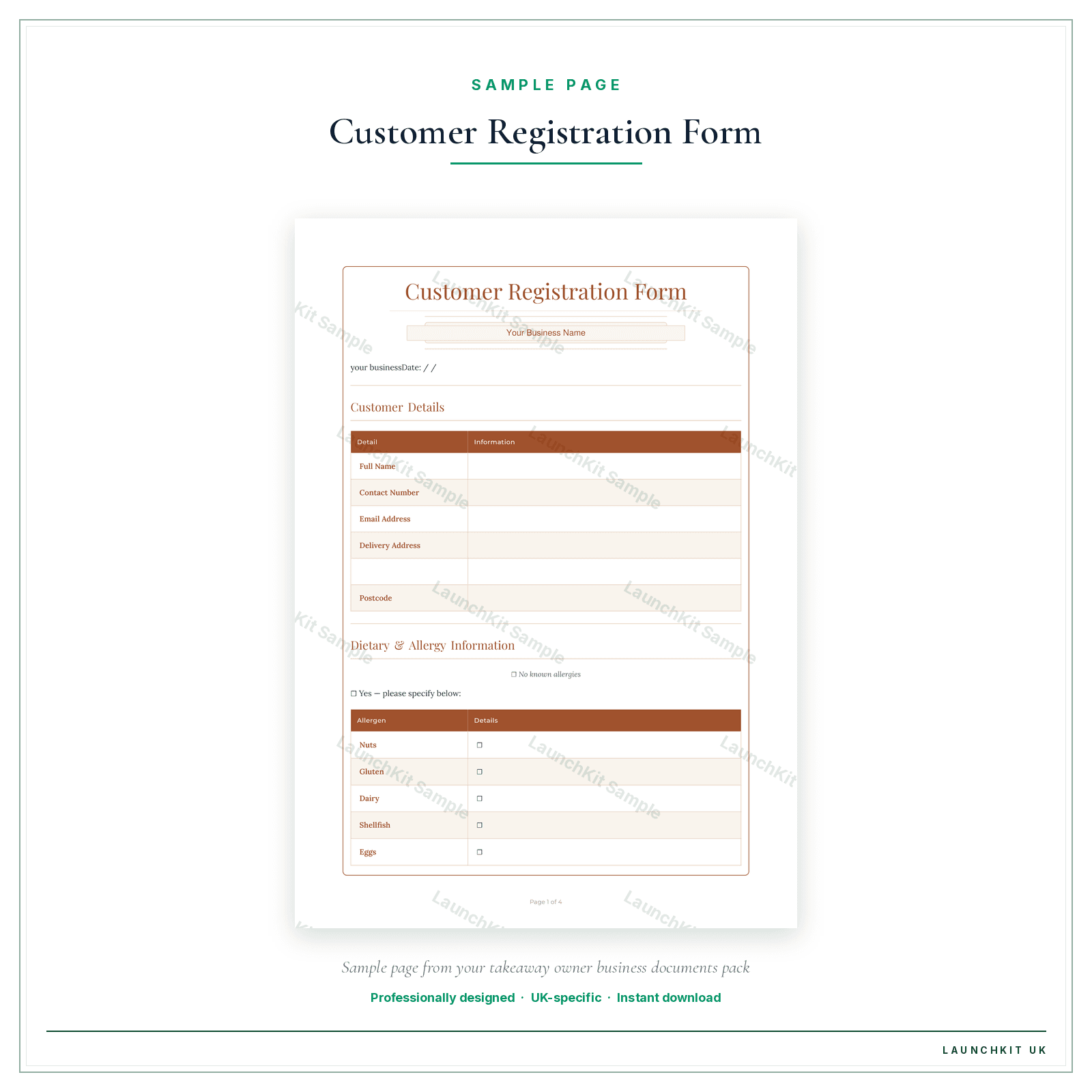 Customer Registration Form sample page from the Takeaway Owner Business Documents — Standard pack — watermarked LaunchKit Sample