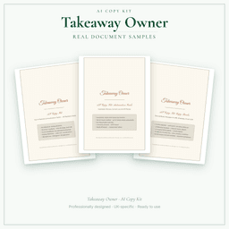 Takeaway Owner — AI Copy Kit, PDF and editable DOCX sample pages