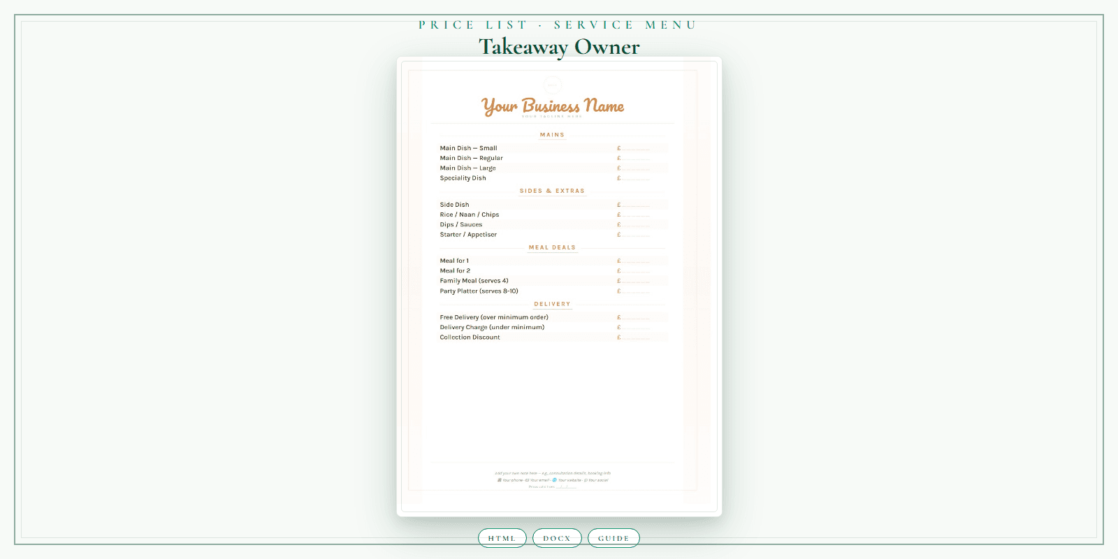 Takeaway Owner — Price List & Service Menu, PDF product overview