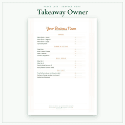 Takeaway Owner — Price List & Service Menu, PDF sample pages