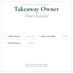 Takeaway Owner — Price List & Service Menu, PDF what's included preview