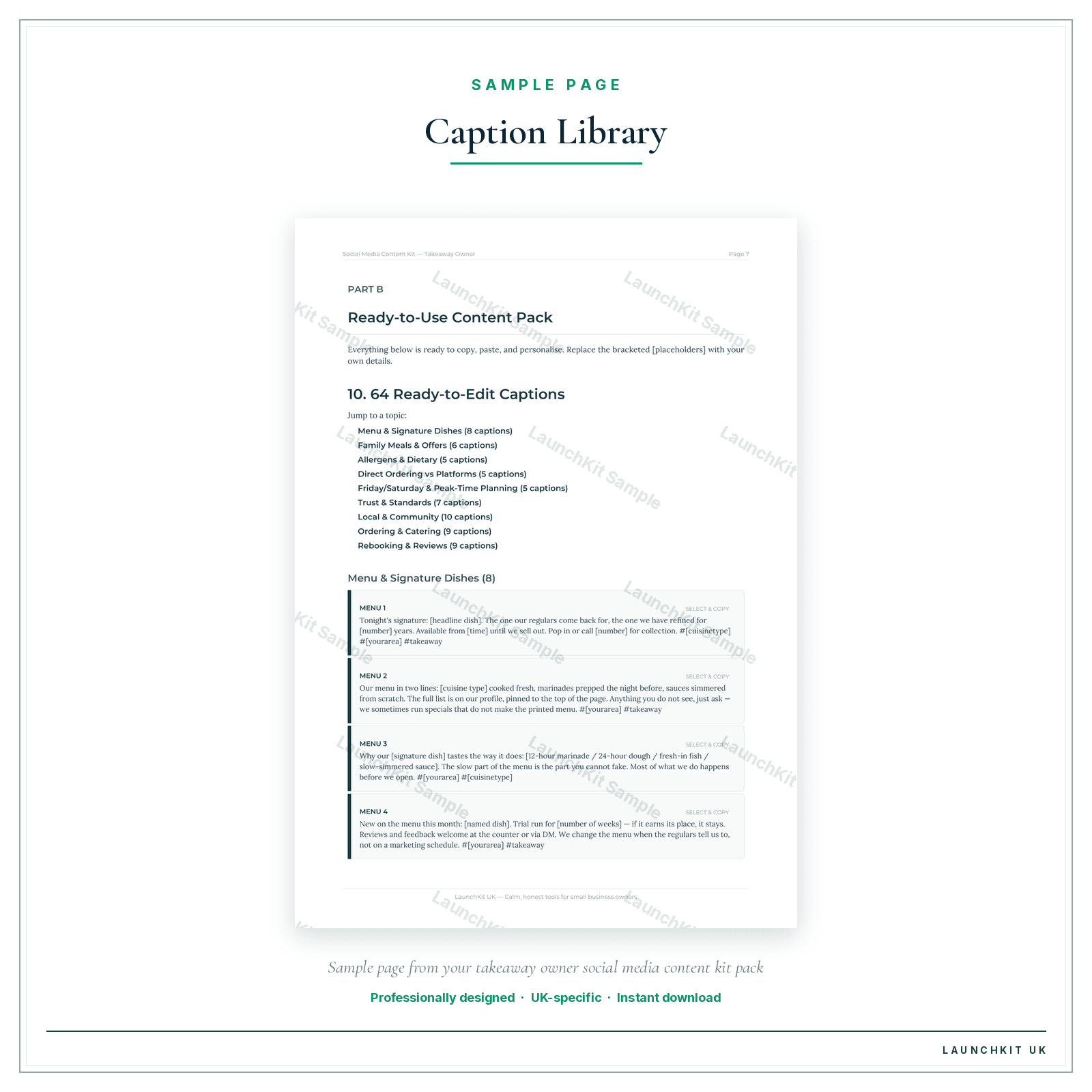 Caption Library sample page from the Takeaway Owner Social Media Content Kit pack — watermarked LaunchKit Sample