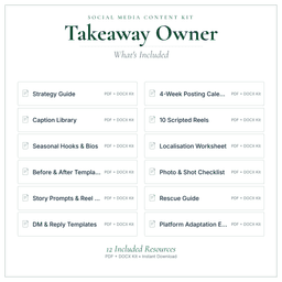Takeaway Owner — Social Media Content Kit, PDF and editable DOCX what's included preview