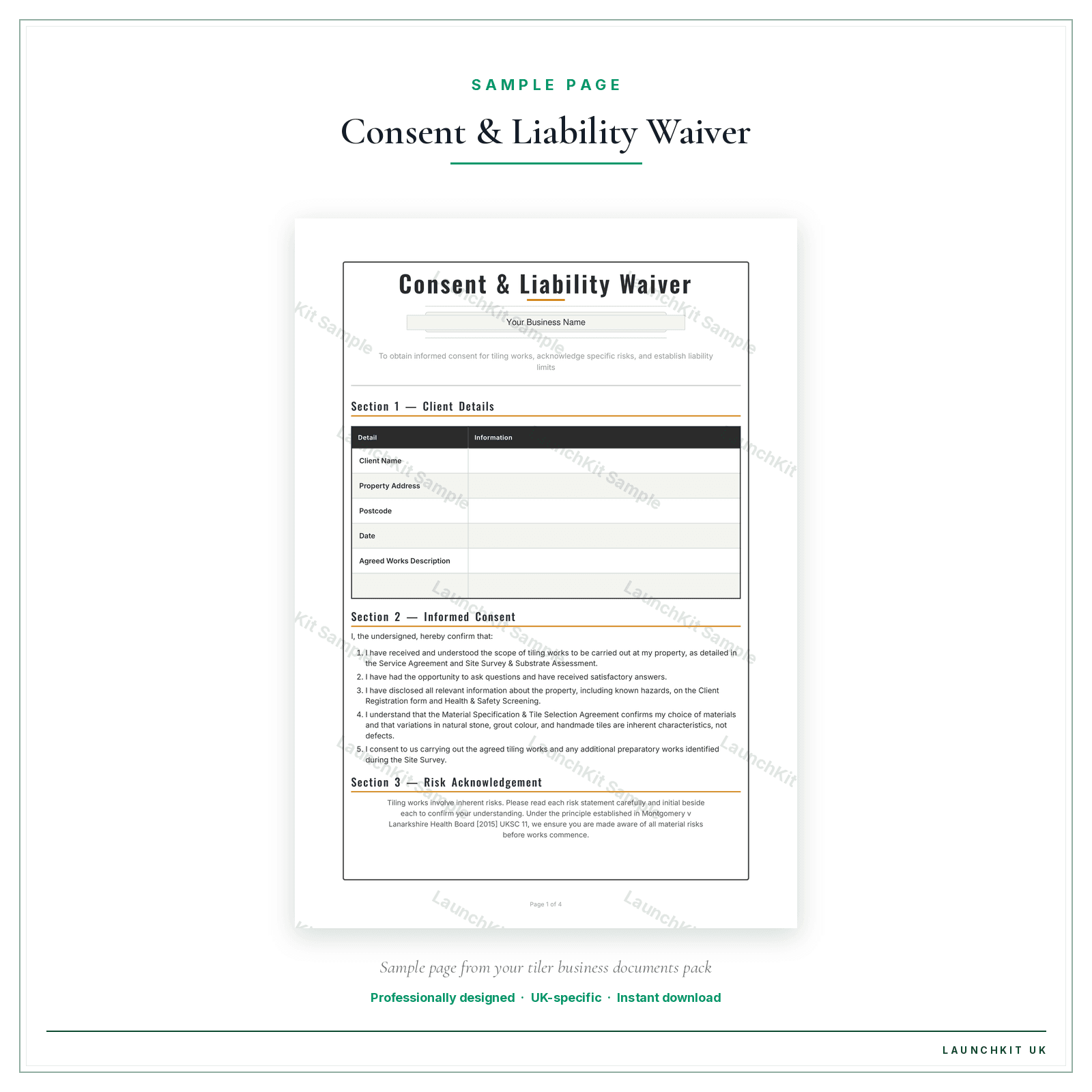 Consent & Liability Waiver sample page from the Tiler Business Documents — Premium pack — watermarked LaunchKit Sample