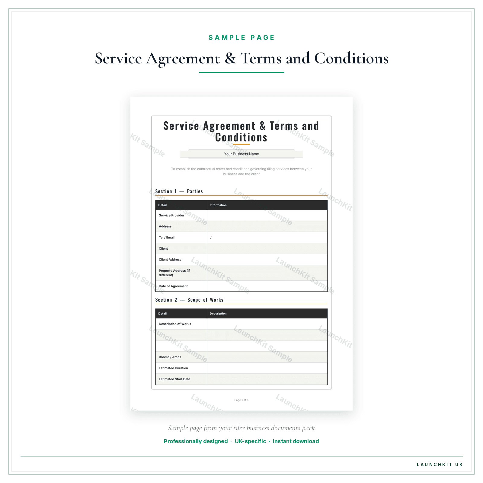 Service Agreement & Terms and Conditions sample page from the Tiler Business Documents — Premium pack — watermarked LaunchKit Sample