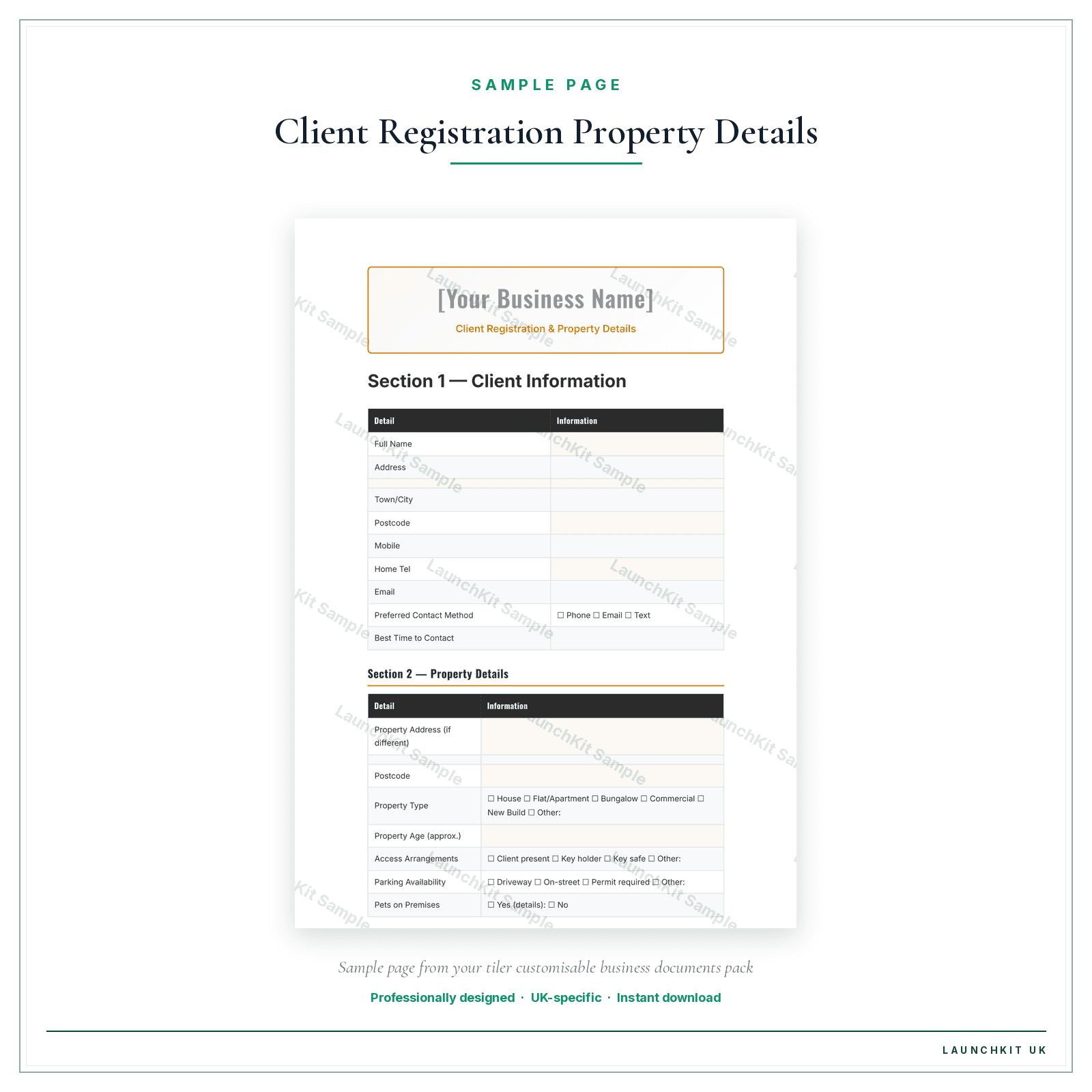 Client Registration & Property Details sample page from the Tiler Business Documents — Customisable pack — watermarked LaunchKit Sample