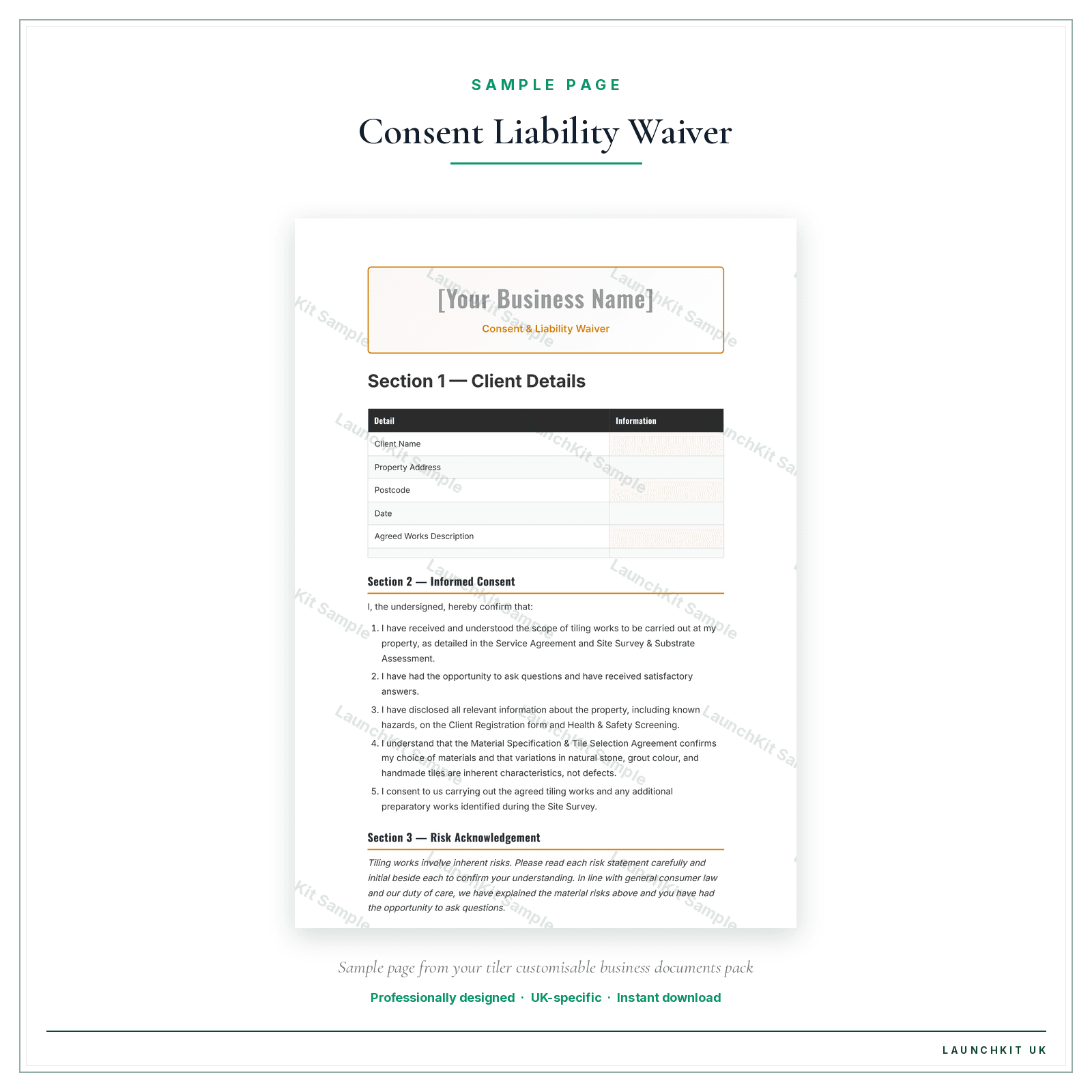 Consent & Liability Waiver sample page from the Tiler Business Documents — Customisable pack — watermarked LaunchKit Sample