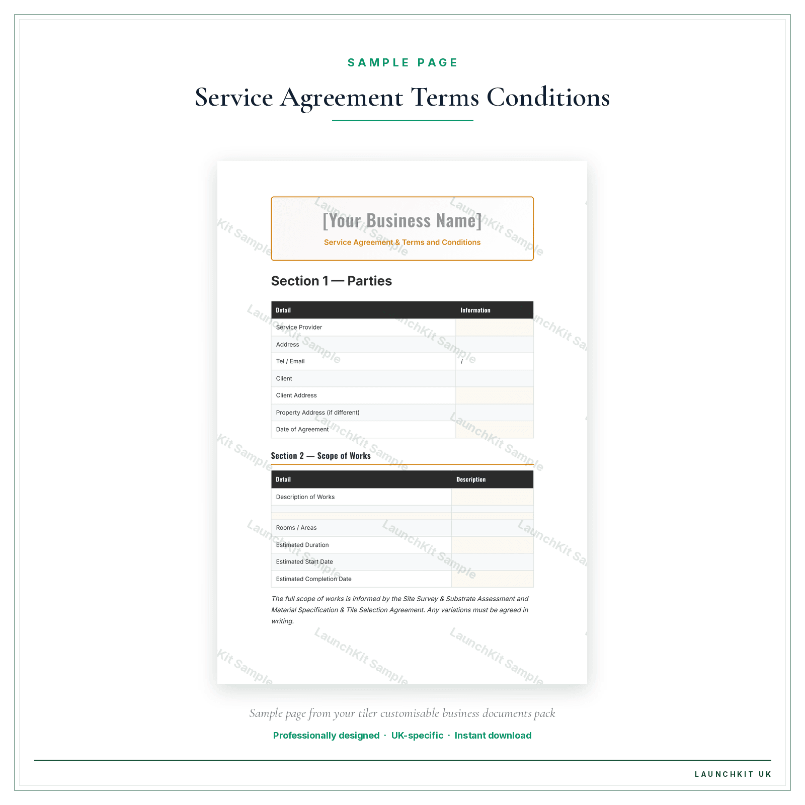 Service Agreement & Terms and Conditions sample page from the Tiler Business Documents — Customisable pack — watermarked LaunchKit Sample