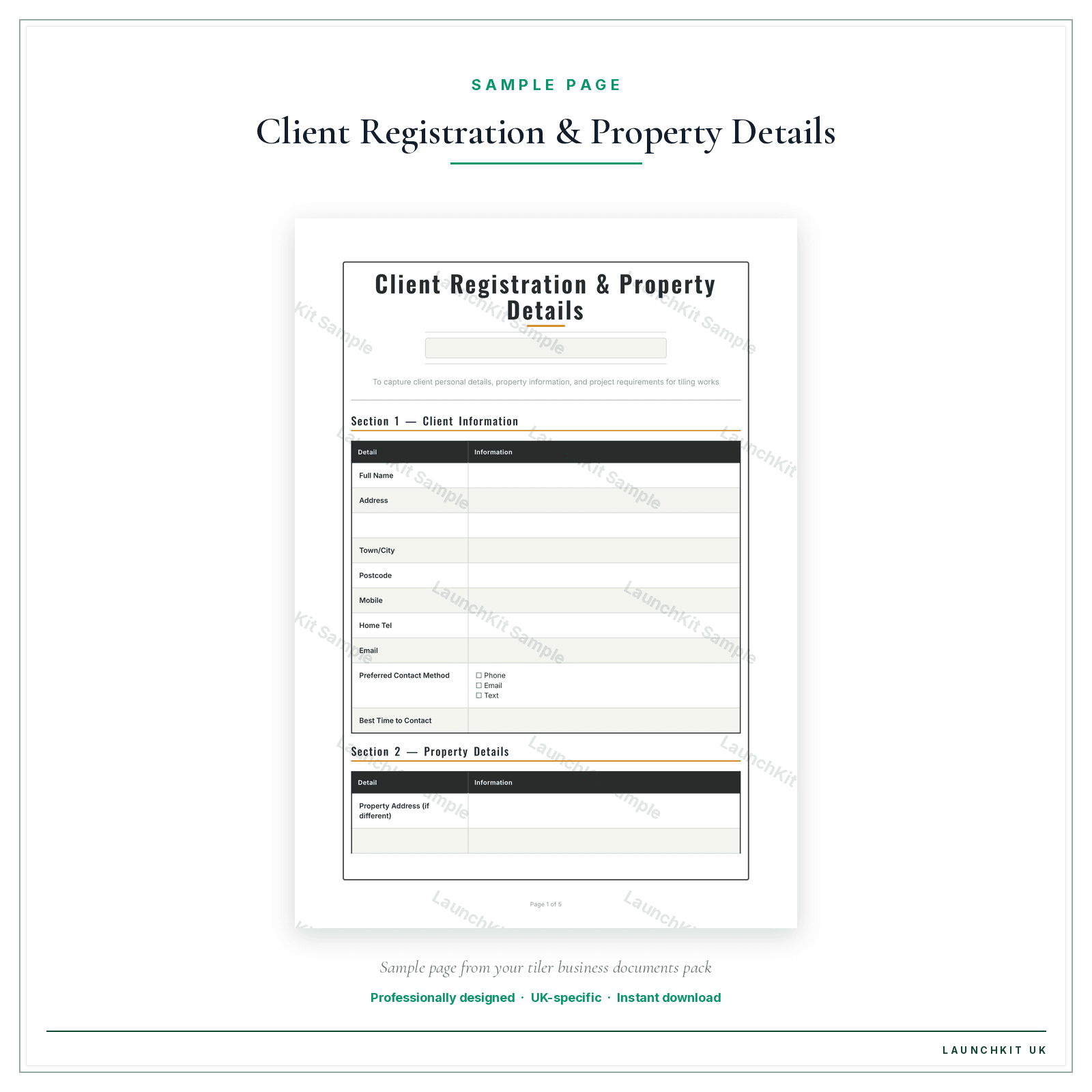 Client Registration & Property Details sample page from the Tiler Business Documents — Essential pack — watermarked LaunchKit Sample