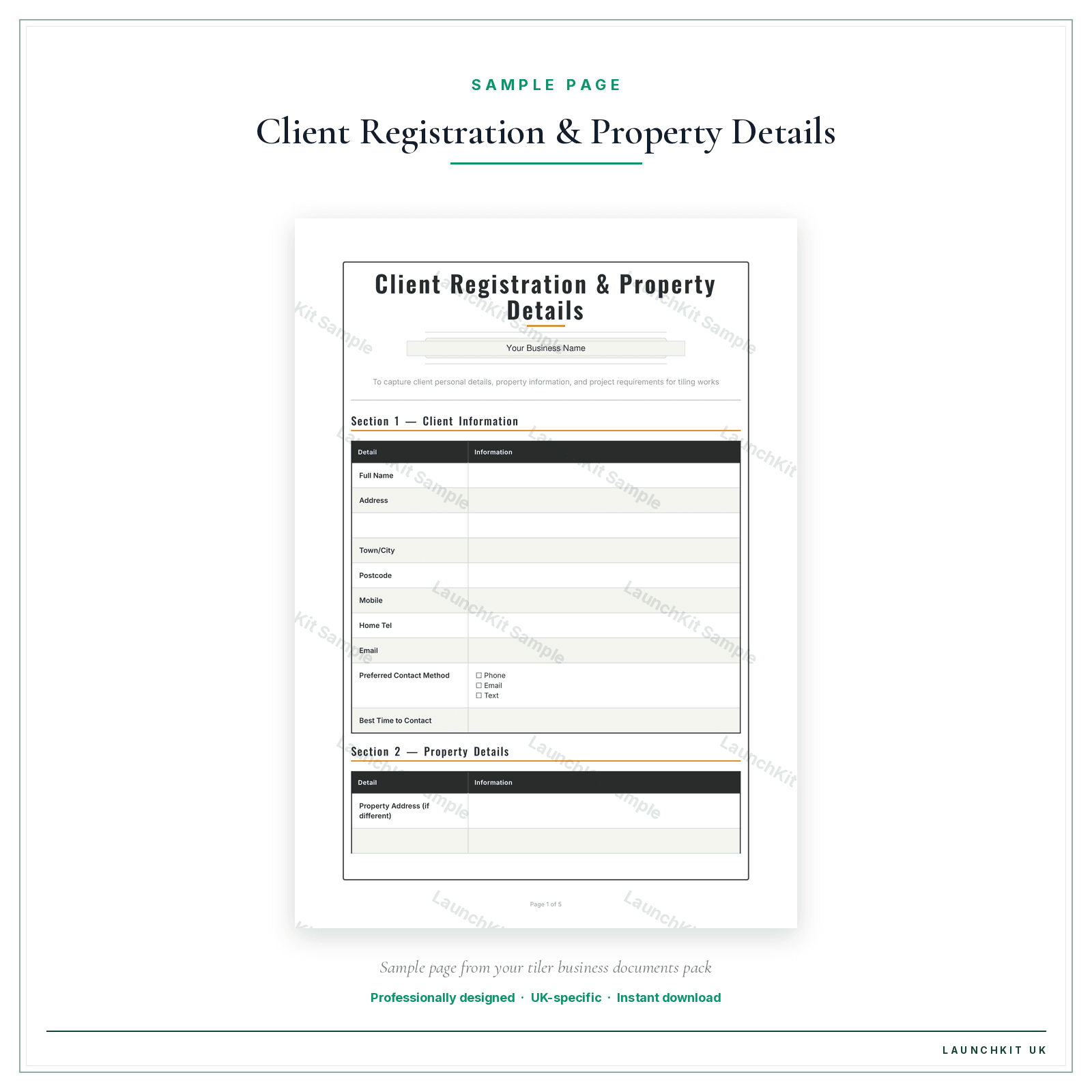 Client Registration & Property Details sample page from the Tiler Business Documents — Standard pack — watermarked LaunchKit Sample