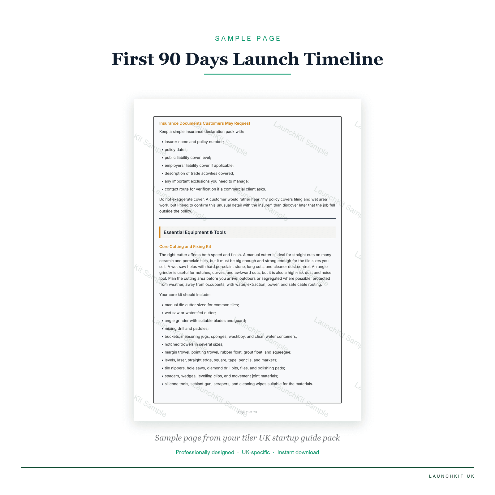 First 90 Days Launch Timeline sample page from the Tiler Startup Guide pack — watermarked LaunchKit Sample
