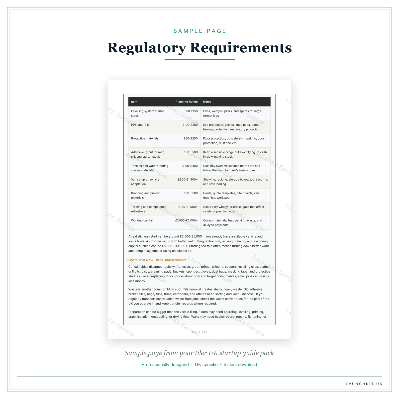 Regulatory Requirements sample page from the Tiler Startup Guide pack — watermarked LaunchKit Sample
