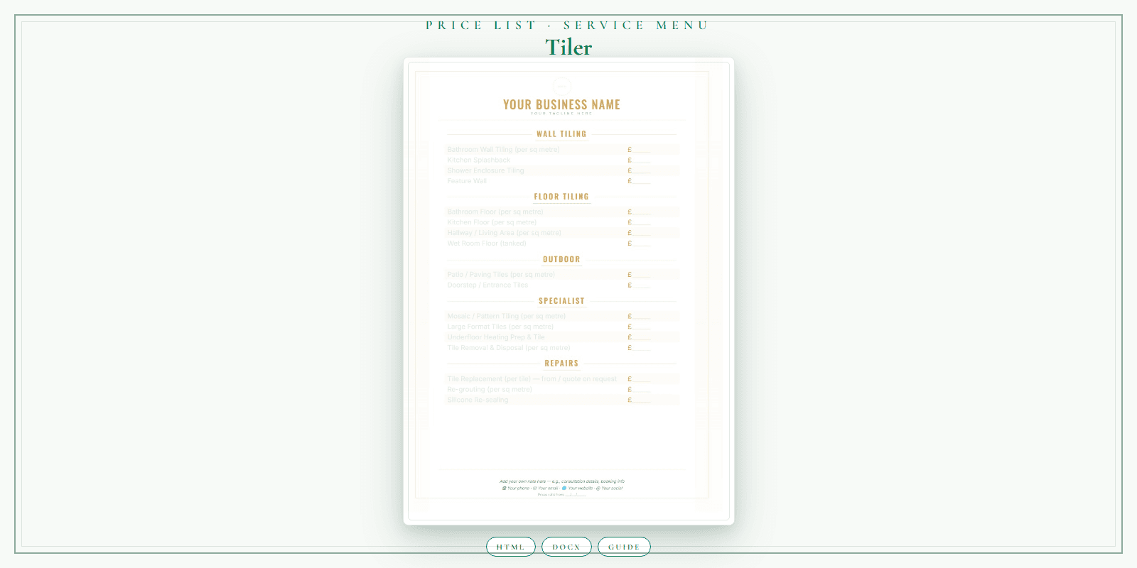 Tiler — Price List & Service Menu, PDF product overview