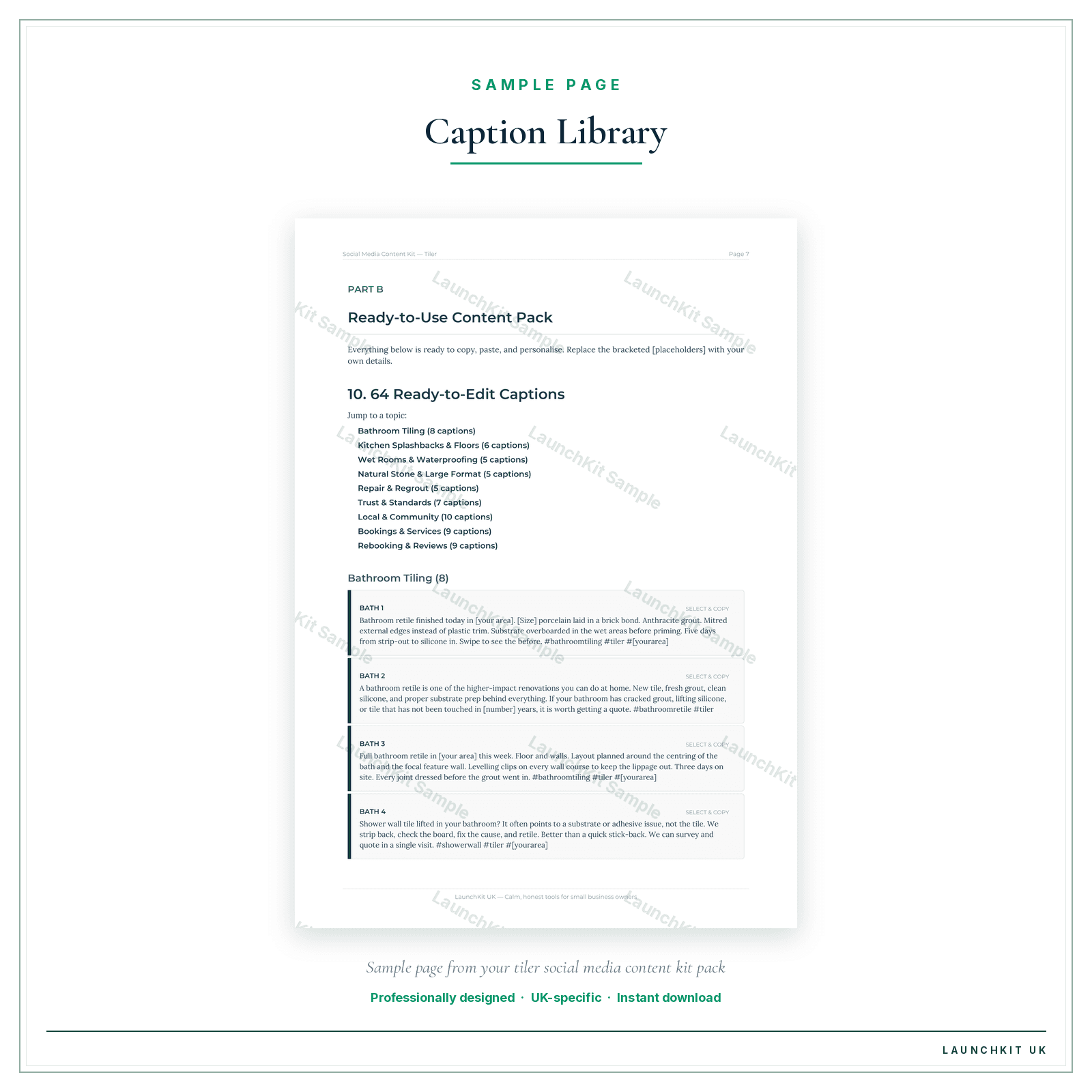 Caption Library sample page from the Tiler Social Media Content Kit pack — watermarked LaunchKit Sample