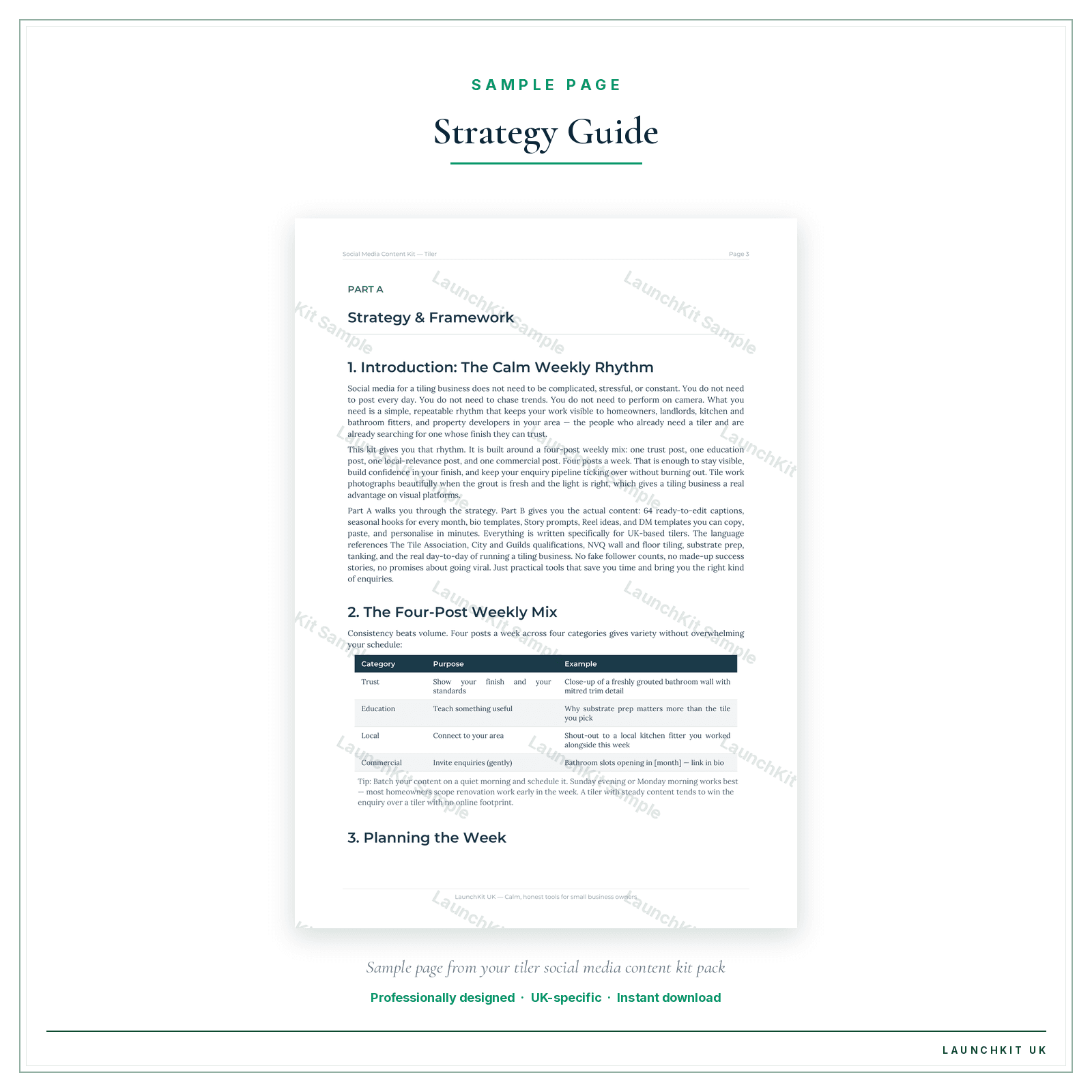 Strategy Guide sample page from the Tiler Social Media Content Kit pack — watermarked LaunchKit Sample