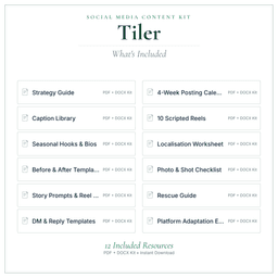 Tiler — Social Media Content Kit, PDF and editable DOCX what's included preview