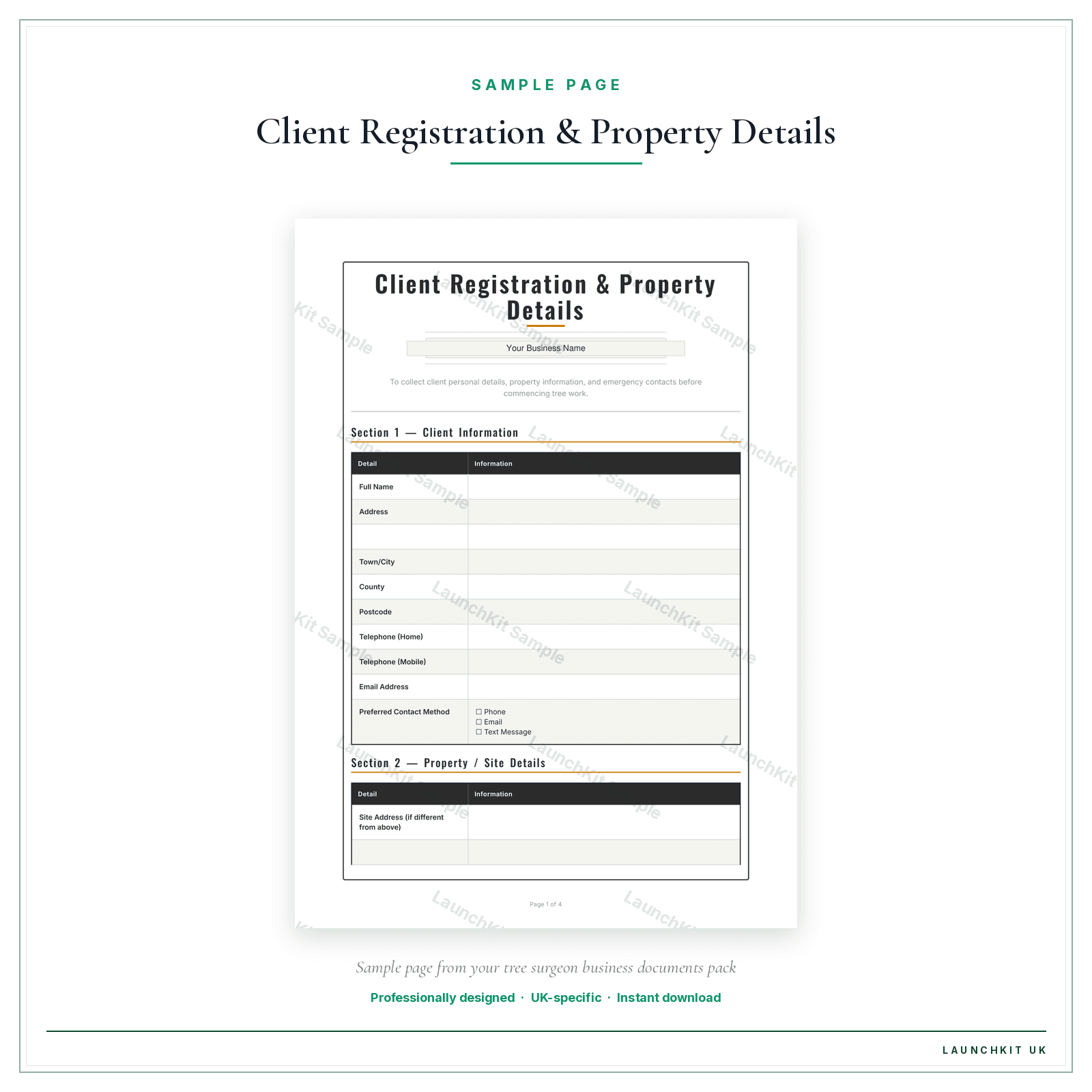 Client Registration & Property Details sample page from the Tree Surgeon Business Documents — Premium pack — watermarked LaunchKit Sample