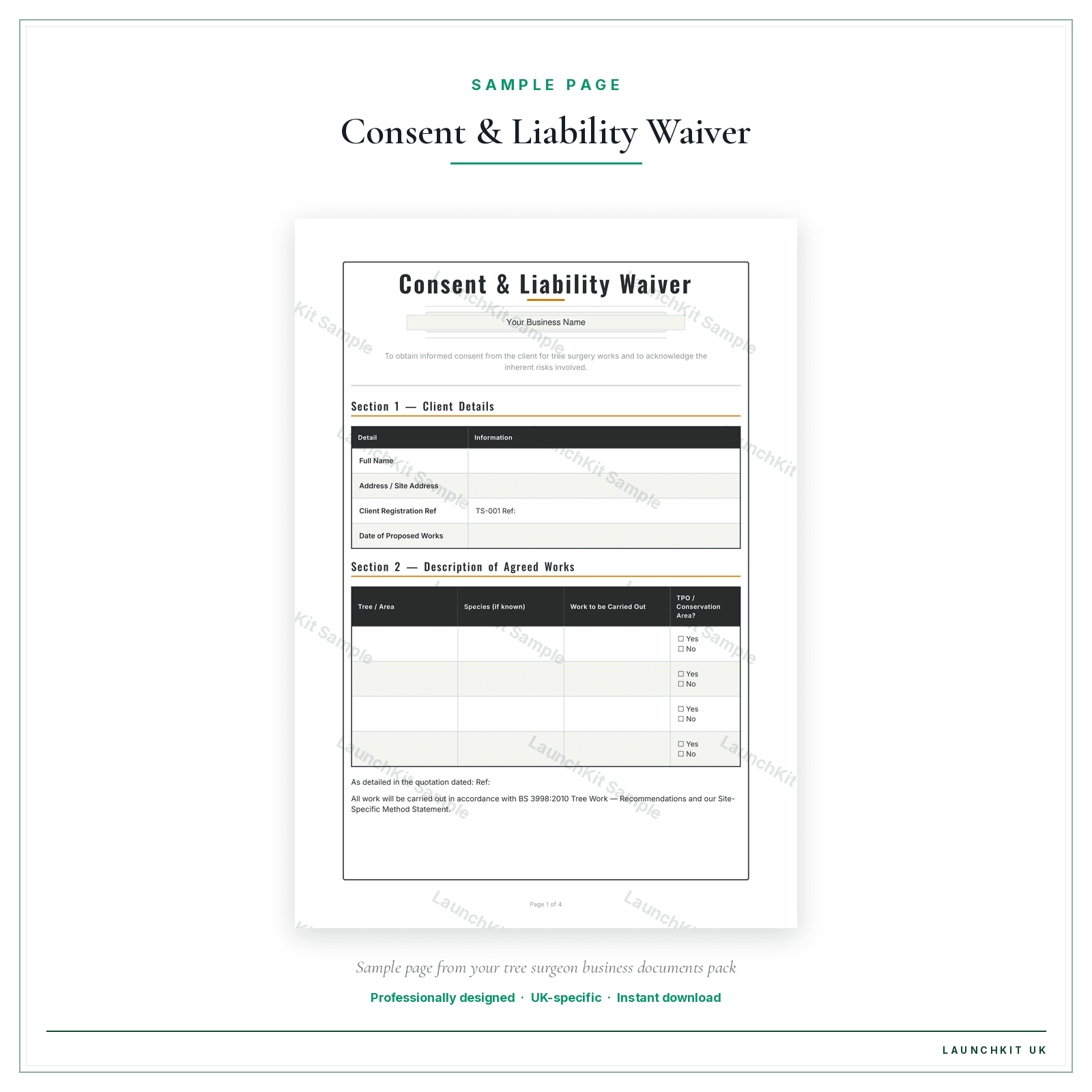 Consent & Liability Waiver sample page from the Tree Surgeon Business Documents — Premium pack — watermarked LaunchKit Sample