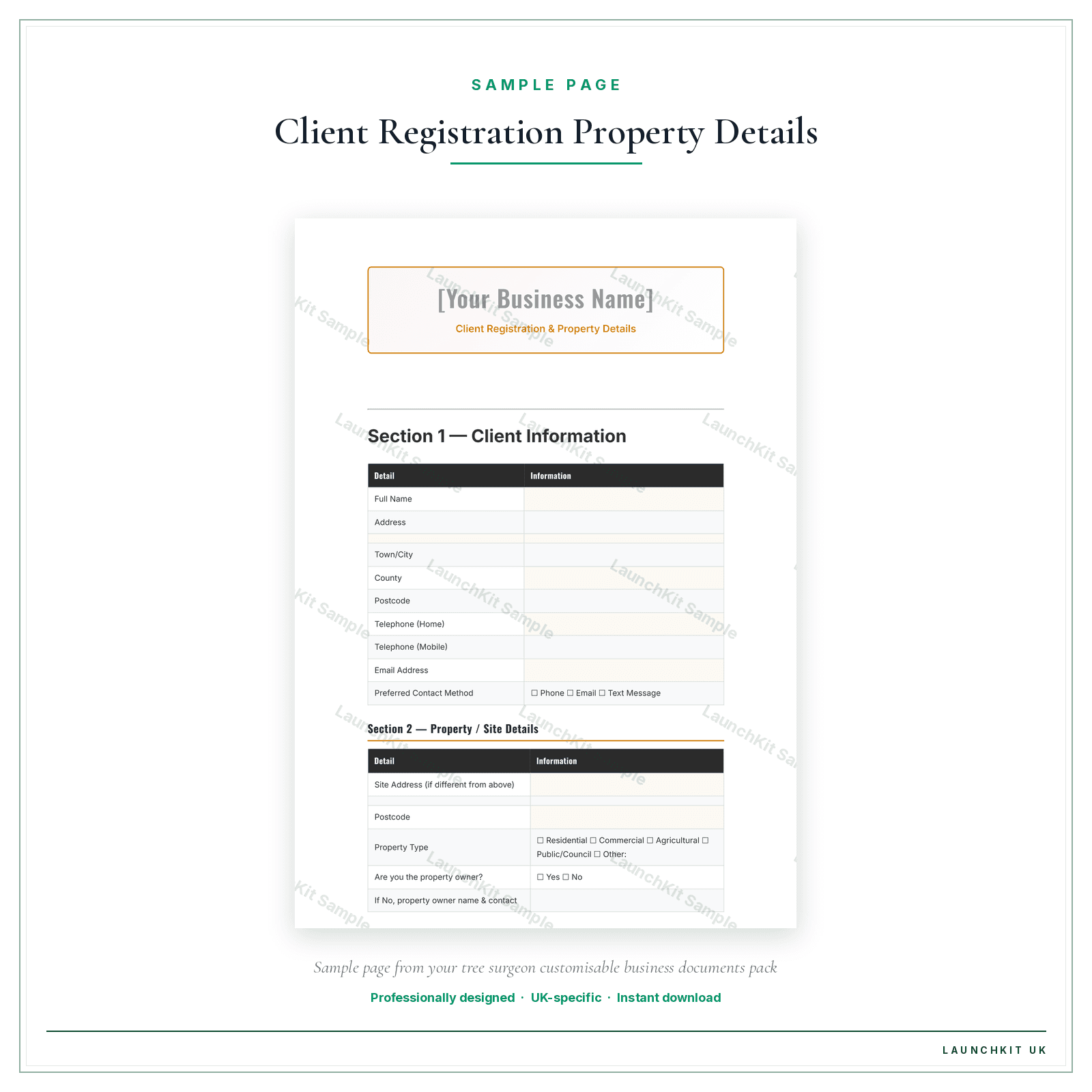 Client Registration & Property Details sample page from the Tree Surgeon Business Documents — Customisable pack — watermarked LaunchKit Sample