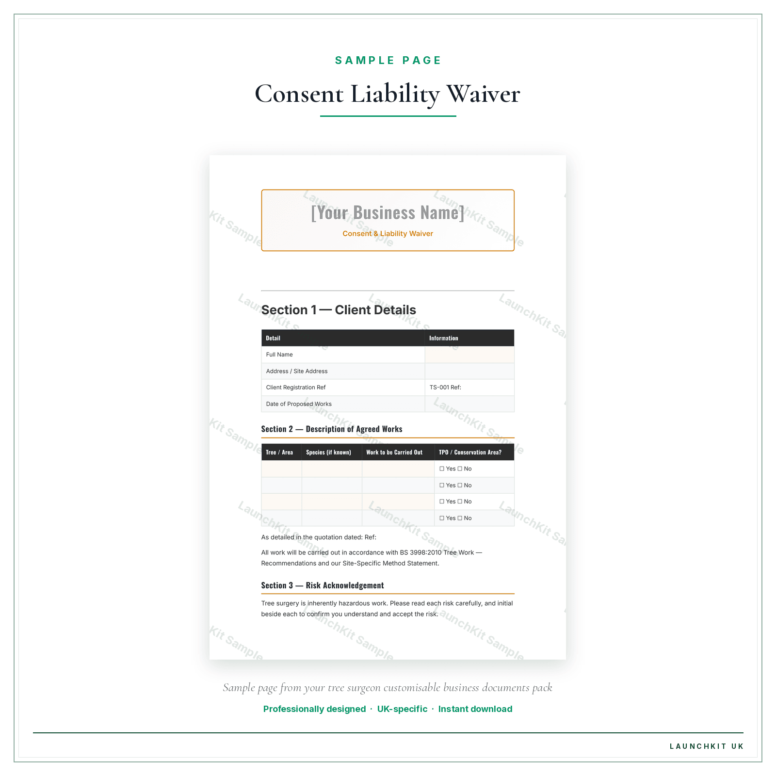 Consent & Liability Waiver sample page from the Tree Surgeon Business Documents — Customisable pack — watermarked LaunchKit Sample