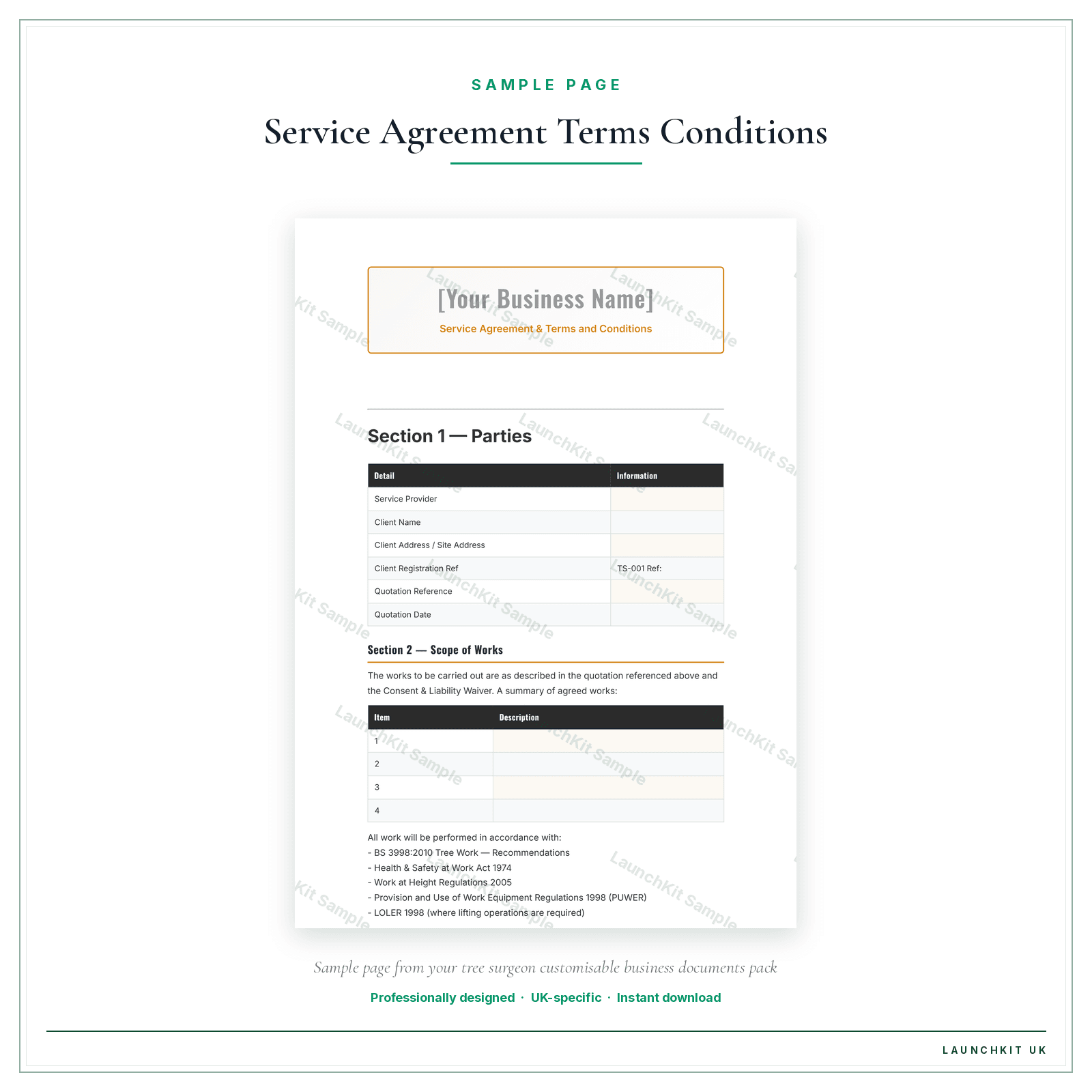 Service Agreement & Terms and Conditions sample page from the Tree Surgeon Business Documents — Customisable pack — watermarked LaunchKit Sample