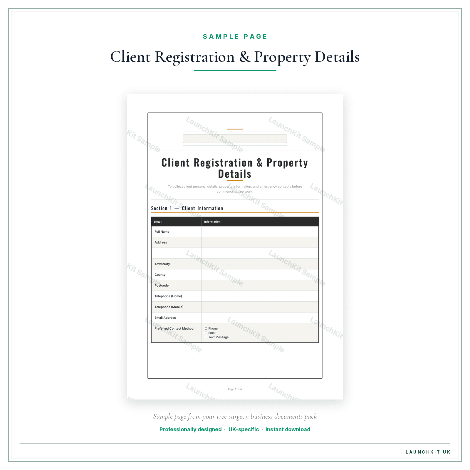 Client Registration & Property Details sample page from the Tree Surgeon Business Documents — Essential pack — watermarked LaunchKit Sample
