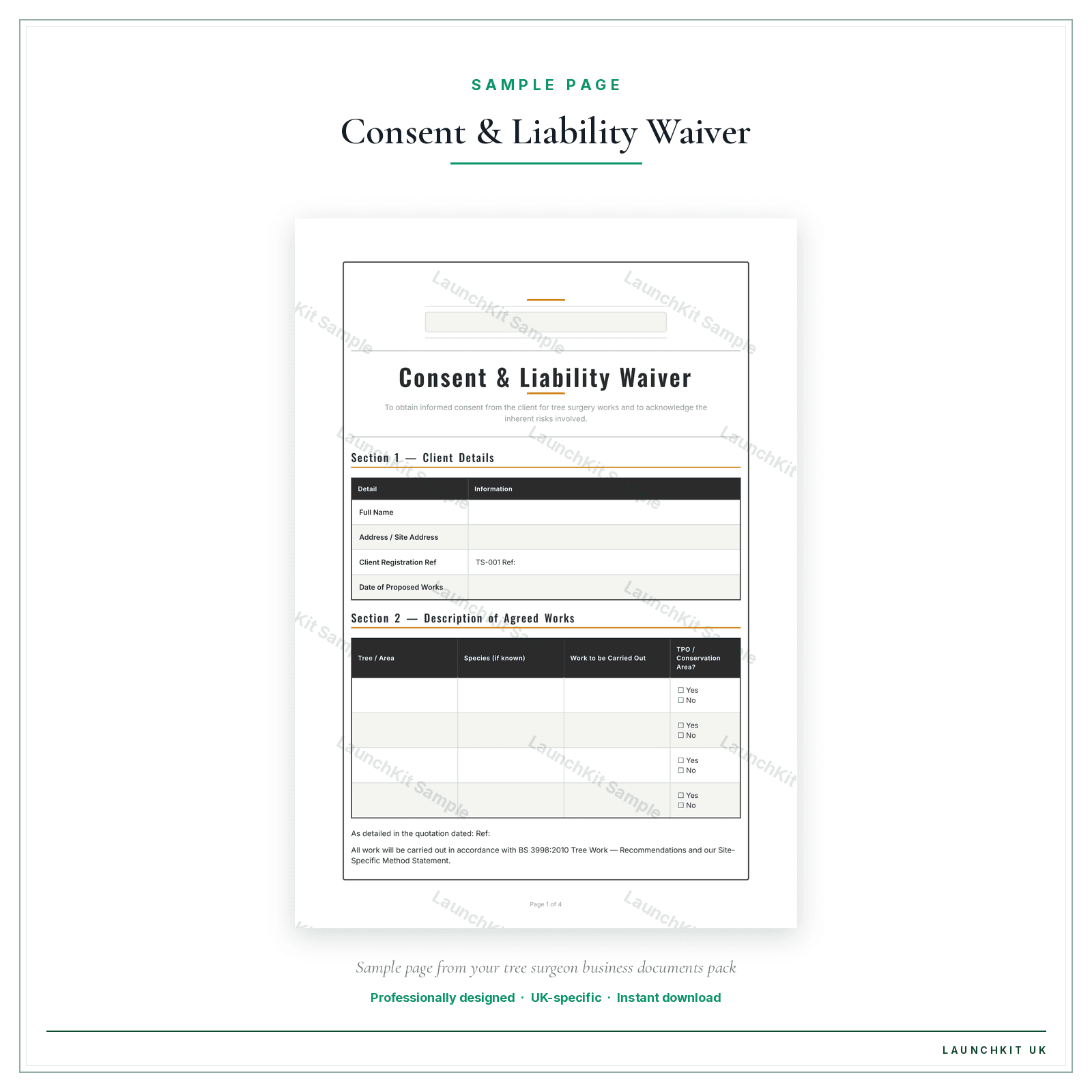 Consent & Liability Waiver sample page from the Tree Surgeon Business Documents — Essential pack — watermarked LaunchKit Sample