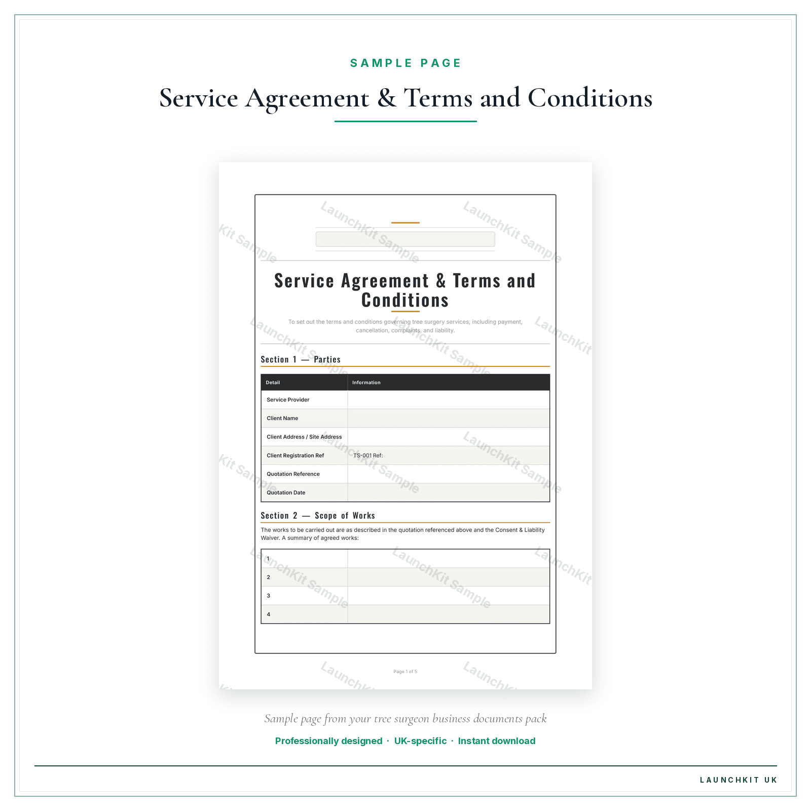 Service Agreement & Terms and Conditions sample page from the Tree Surgeon Business Documents — Essential pack — watermarked LaunchKit Sample